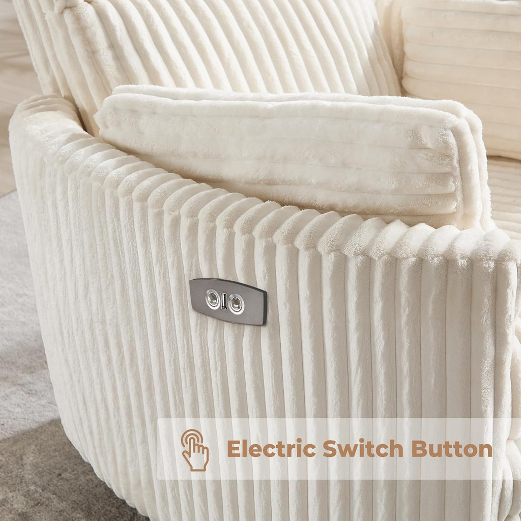 Power Recliner,Nursery Swivel Glider Rocking Chair with USB Port,Upholstered Adult Electric Recliner Rocking Chair with 2 Pillows for Living Room Bedroom (Beige Corduroy, Power-Driven)