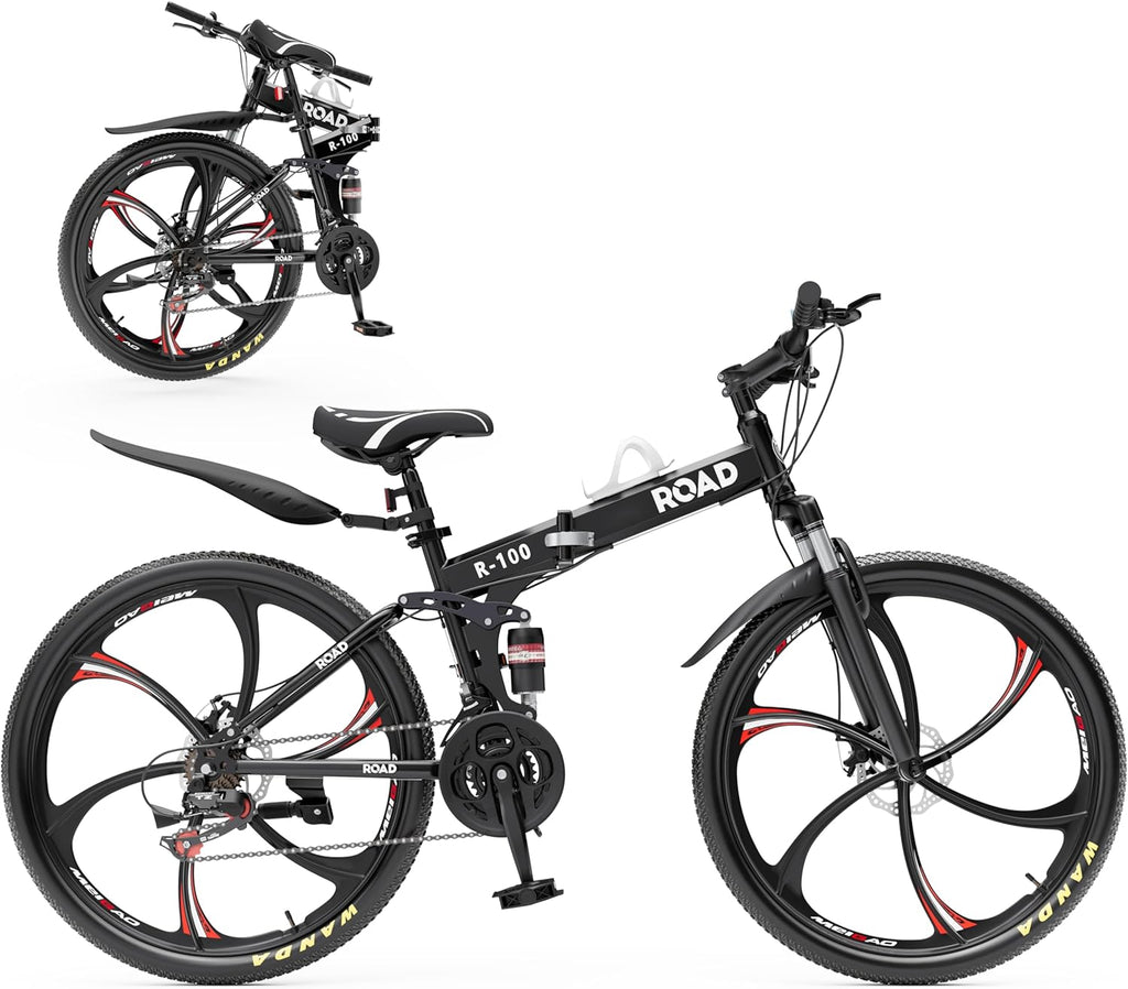Outroad 26 Inch Folding Mountain Bike, 21 Speed Full Suspension High-Carbon Steel MTB Foldable Bicycle, Dual Disc Brake Adjustable Seat and Non-Slip Folding Bikes for Adults/Women/Men,Black