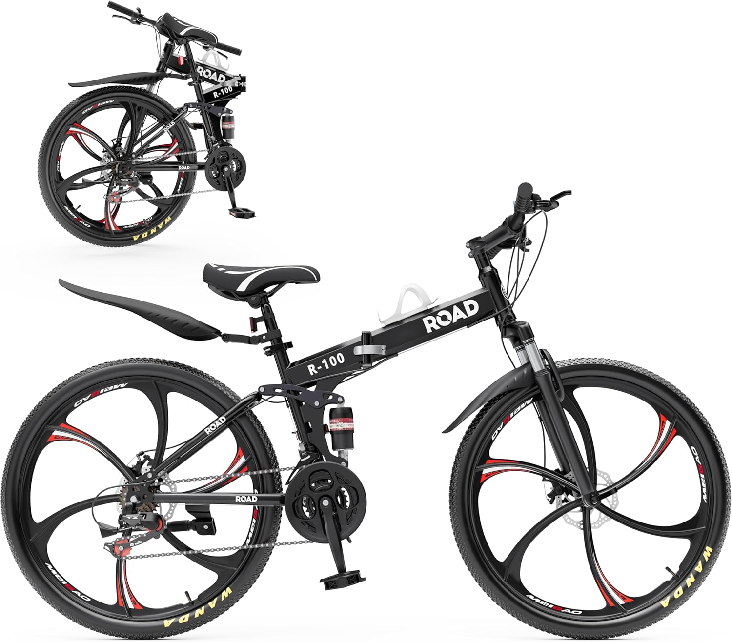 Outroad 26 Inch Folding Mountain Bike, 21 Speed Full Suspension High-Carbon Steel MTB Foldable Bicycle, Dual Disc Brake Adjustable Seat and Non-Slip Folding Bikes for Adults/Women/Men,Black