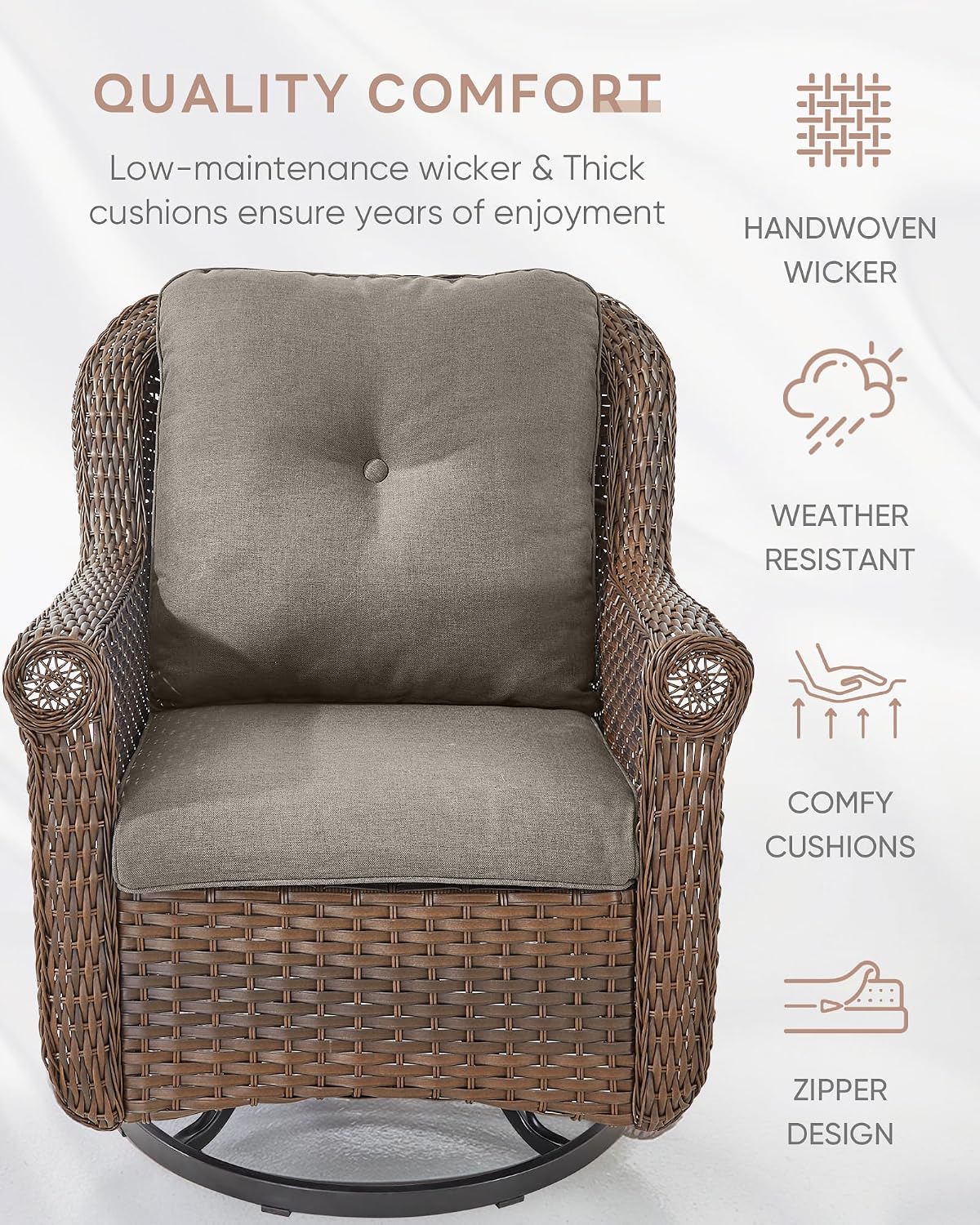 Patio Chairs Outdoor Swivel Glider - Set of 2 High Back Outside Brown Wicker Rattan Rocking Chair with Zippered Cushion for Porch Apartment Deck Yard Poolside Garden - Grey
