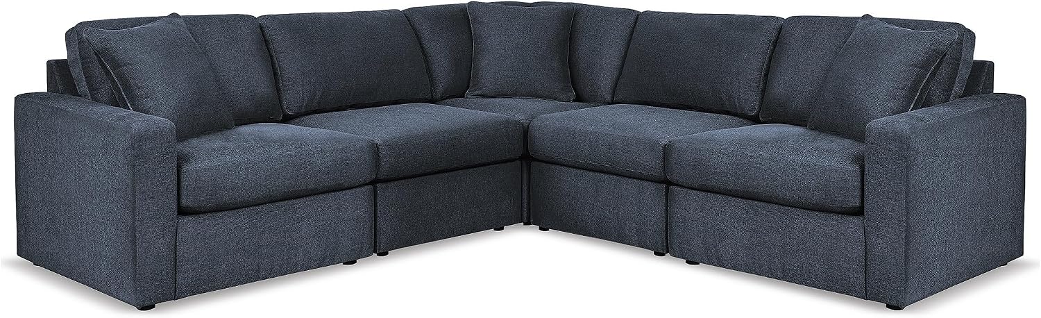 Signature Design by Ashley Modmax Contemporary Stain Resistant 5-Piece Sectional with Armrest, Throw Pillows and Reversible Cushions, Blue