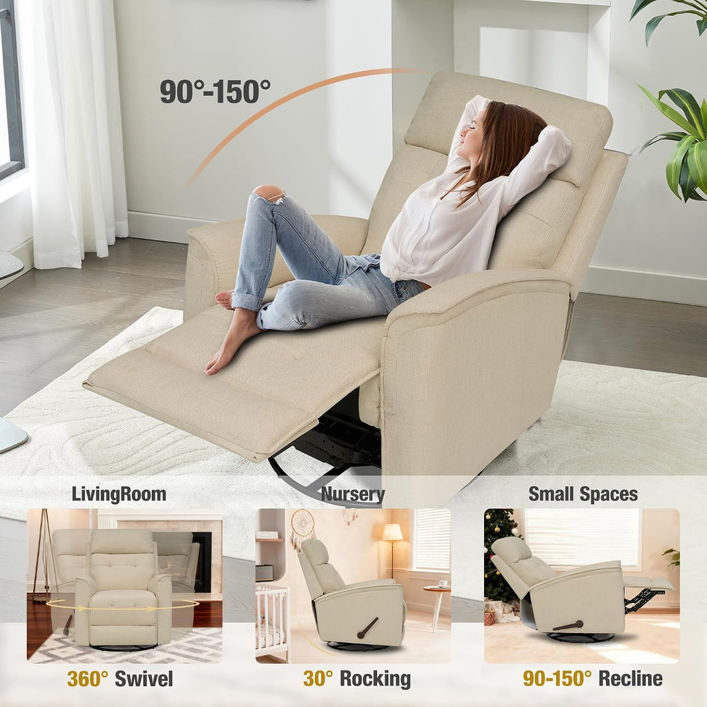 Swivel Rocker Recliner Chair for Adults, Rocking Chair, Small Swivel Recliner for Small Spaces, Living Room, Bedroom, RV(Beige)