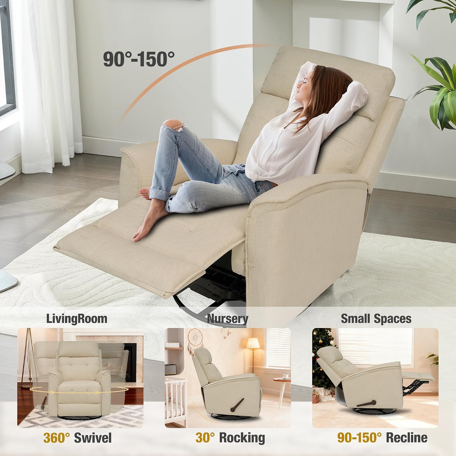 Swivel Rocker Recliner Chair for Adults, Rocking Chair, Small Swivel Recliner for Small Spaces, Living Room, Bedroom, RV(Beige)