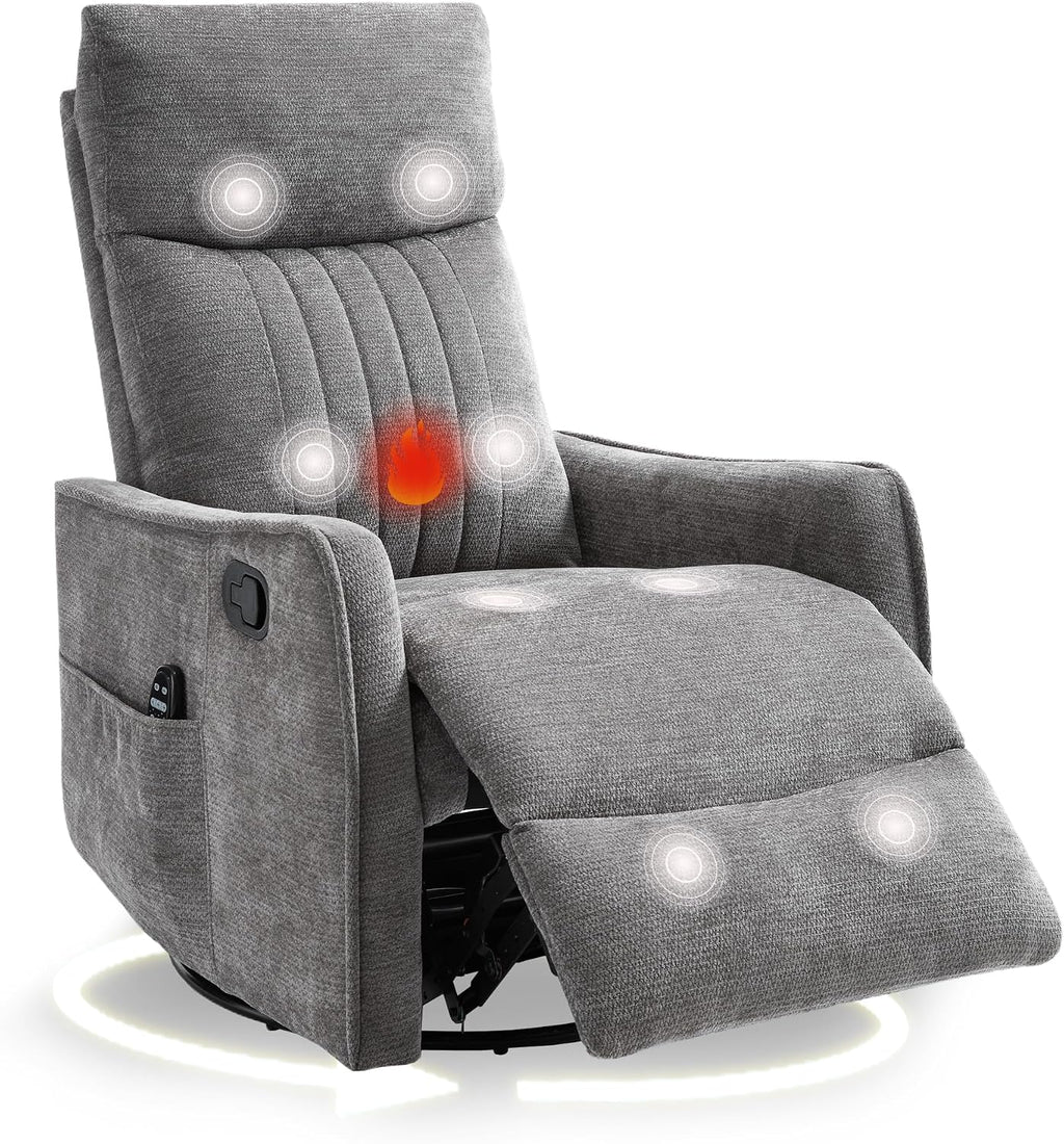 cinkehome Heated Massage Swivel Rocker Recliner Chair for Nursery - Small Space Reclining Chair with Lumbar Support, 360° Swivel & Gentle Rocking, Ergonomic High Back Chenille Fabric Gray