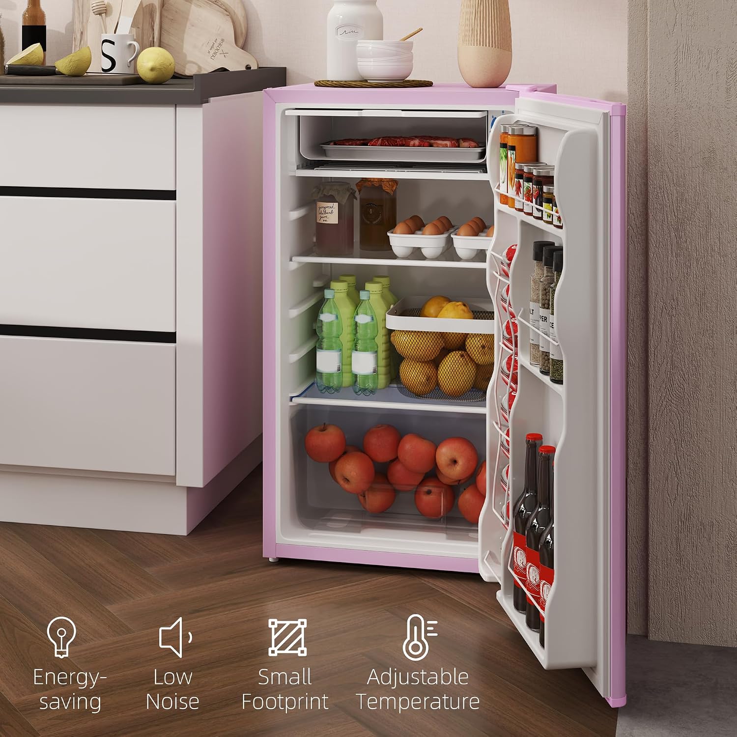 HOMCOM 3.2 Cu.Ft Mini Fridge with Freezer, Compact Refrigerator with Adjustable Thermostat, Shelf and Single Reversible Door for Bedroom, Dorm, Home Office, Energy Efficient, Pink
