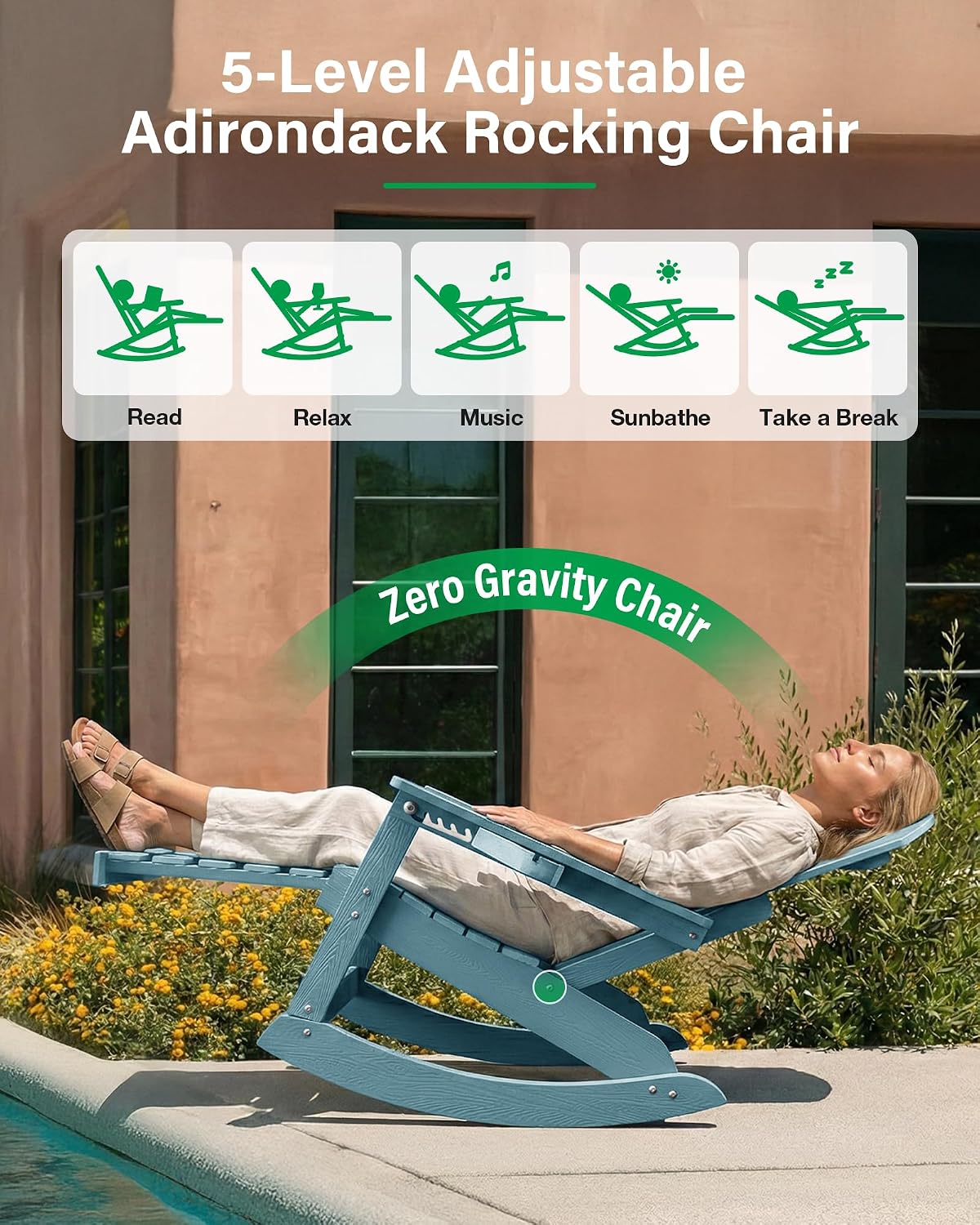 YEFU Adirondack Rocking Chairs Set of 2 : Oversize Adirondack Chair with Retractable Ottoman- 5-Level Adjustable High Back - Outdoor Rocker with Cup Holder for Porch/Garden/Lawn/Patio/Backyard/Blue