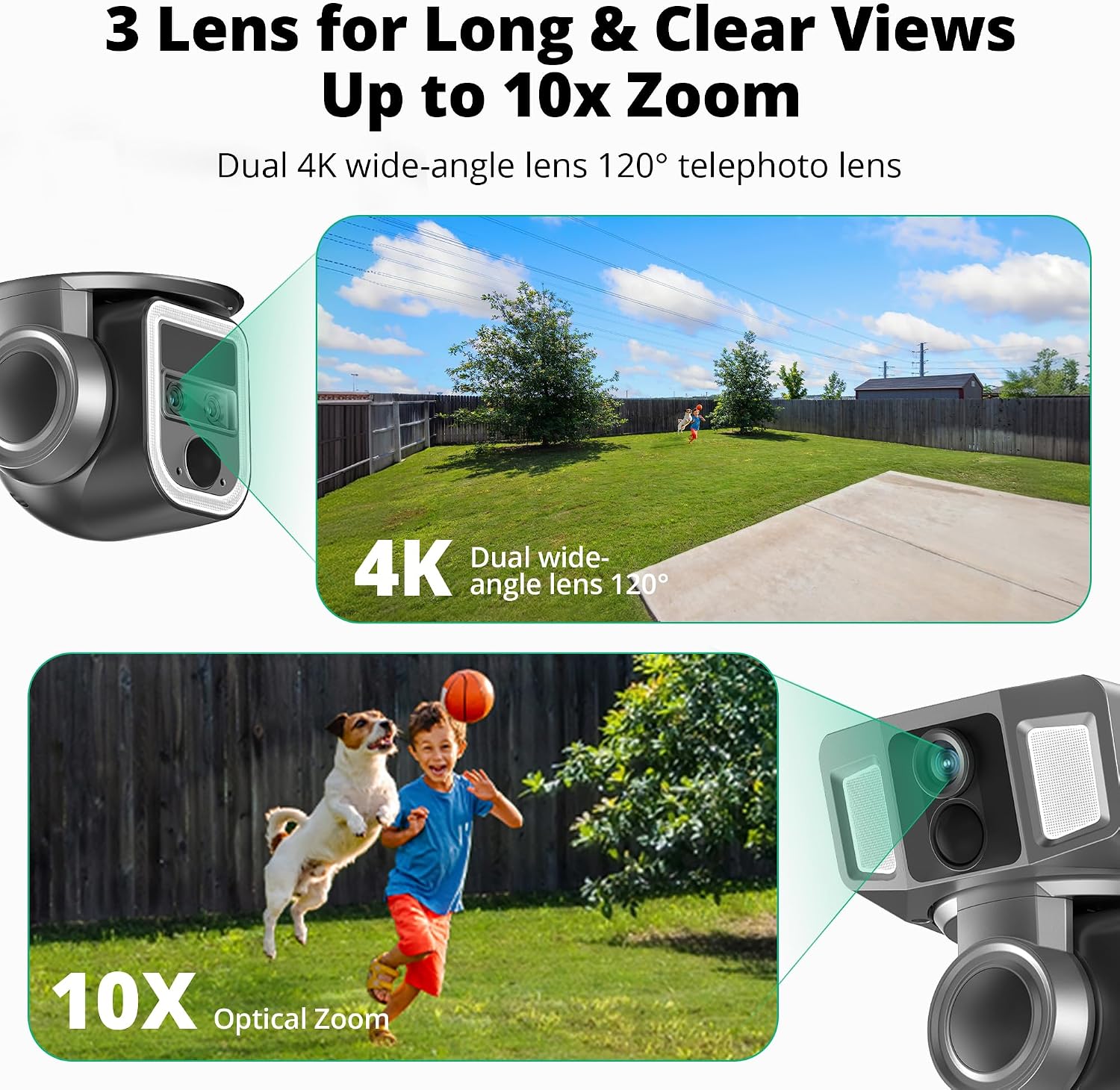 Dragon Touch 4G Cellular Security Camera, 4K Wireless Outdoor Solar Camera Triple Lens Bullet-PTZ Cam, 4G or WiFi, 10x Optical Zoom, 360° View, AI Tracking, with SIM Card, Local Storage