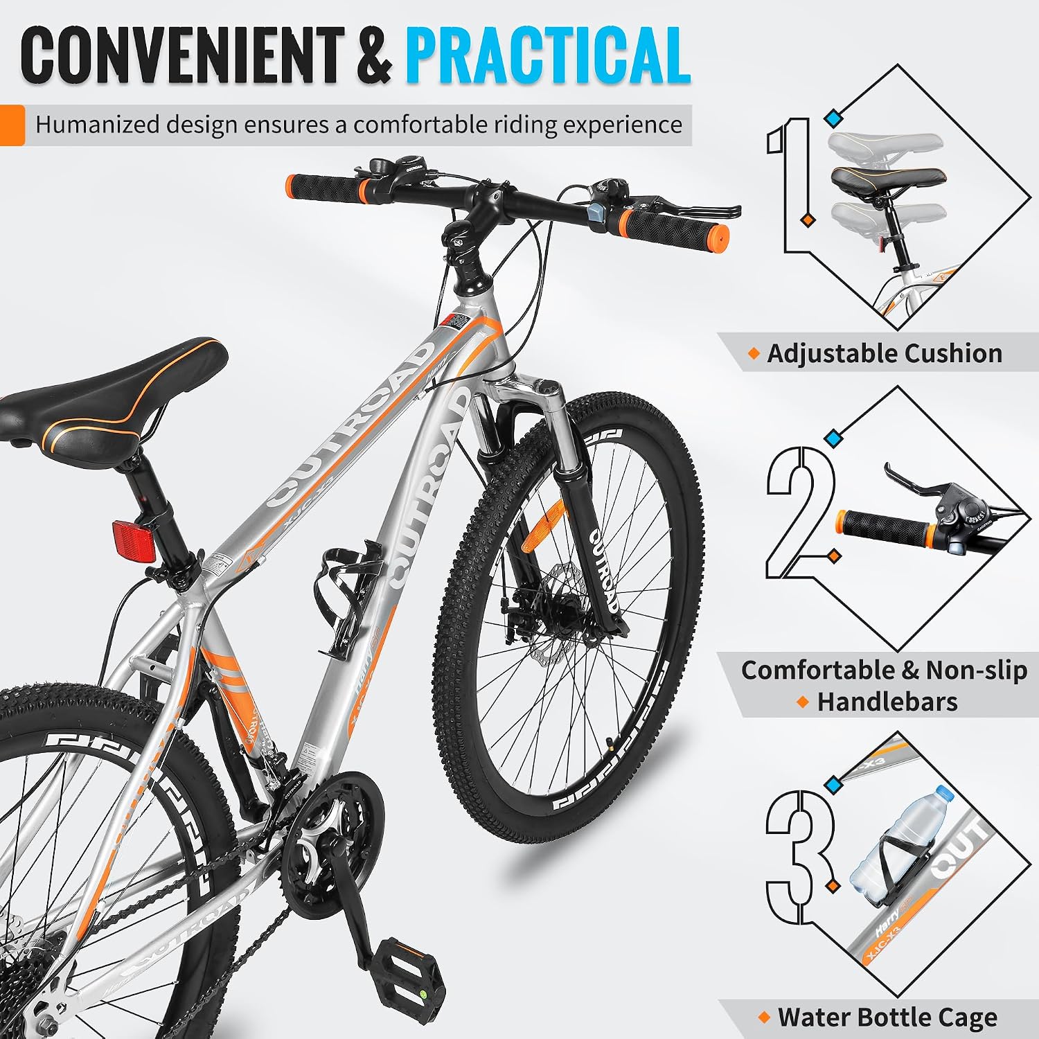 Outroad 26 Inch Mountain Bike, 7/21-Speed/High-Carbon Steel/Aviation Grade Frame, Dual Disc/V Brake, Adjustable Ergonomic Seat Bicycle for Men Women Adult, Quick Assembly in 20 Minutes