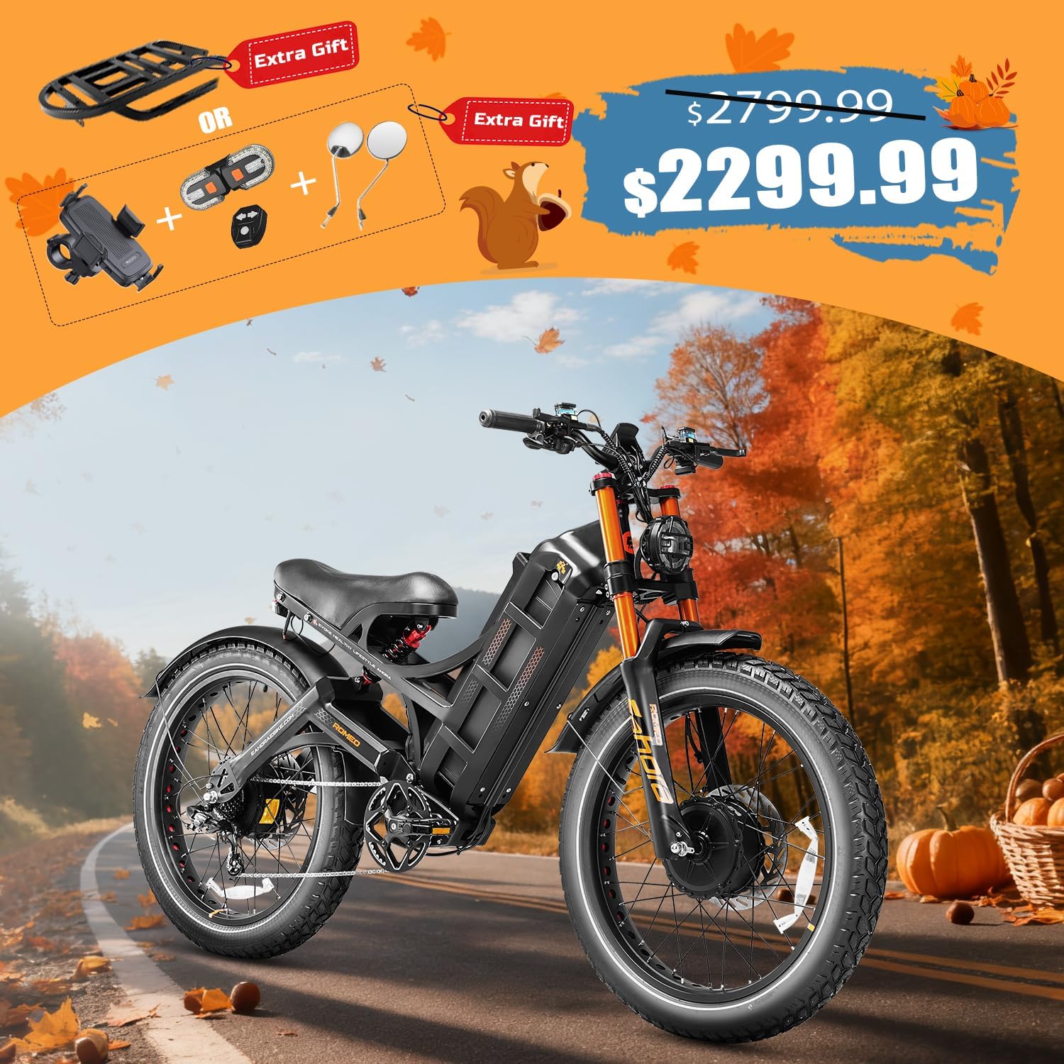 eAhora 2025 Romeo Pro 2 Electric Bike for Adults 4000W Dual Motor Electric Bicycle 46MPH 52V 70Ah 200+Miles Long Range 26 * 4.0 Fat Tire Full Suspension Electric Mountain Bike with Rack+Bag Black