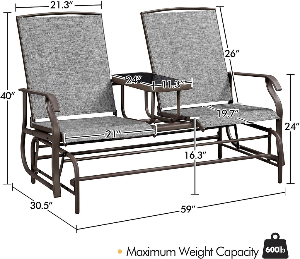 Yaheetech 2-Seat Outdoor Glider with Center Table, Patio Rocking Loveseat with Breathable Mesh Sturdy Metal Frame for Garden Pool Lawn, Gray