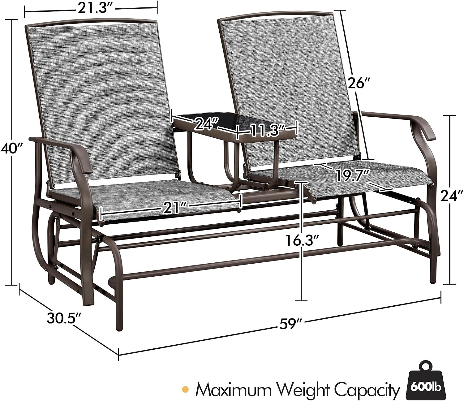 Yaheetech 2-Seat Outdoor Glider with Center Table, Patio Rocking Loveseat with Breathable Mesh Sturdy Metal Frame for Garden Pool Lawn, Gray