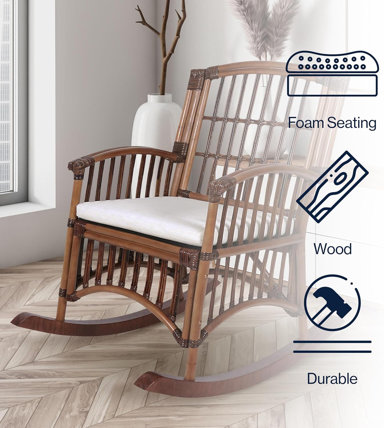 JONATHAN Y RCK200A Swayze Bohemian Farmhouse Woven Rattan/Wood Rocking Chair White Cushion with Brown Frame for Home, Living Room, Bedroom. Guestroom, Foyer, Library