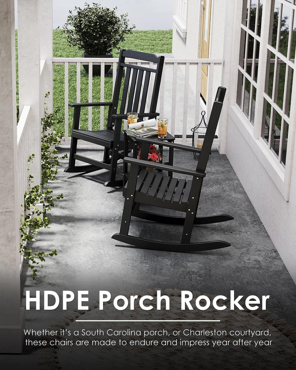 GREENVINES Outdoor-Rocking-Chairs-Set-of-2 | HDPE Plastic | Patio Rockers | Porch Rocker Chair | Oversized | High Back | Big & Tall | Black