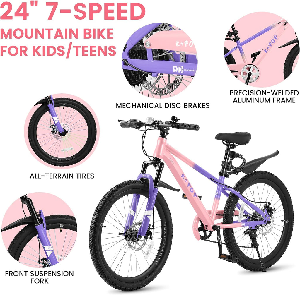 24 Inch Kids Mountain Bike for 7-12 Years Old Boys, Single Speed/7-Speed Girls Mountain Bicycle W/Suspension Fork,Adjustable Seat Height, Kids' Bicycles for Beginner Level Riders