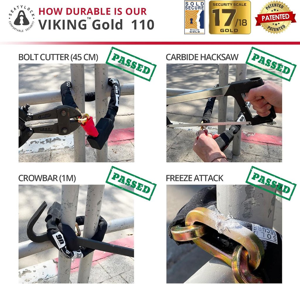 Seatylock Viking Bike Chain Lock with Key - Magnetic Patented Sold Secure Rated - Heavy Duty Anti Theft - Smart Ultra Security Bicycle Lock (43.31 Inch, Gold Rated)