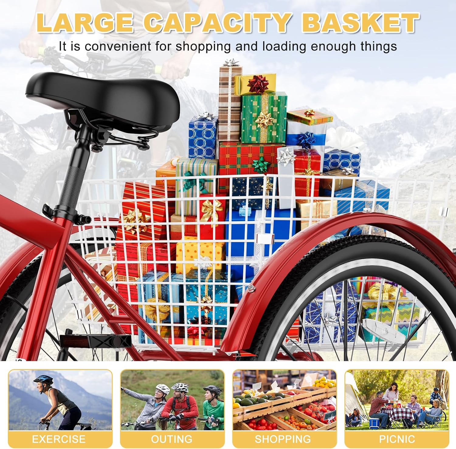 NAIZEA Adult Mountain Tricycle, 7 Speed Three Wheel Cruiser Bike, 27.5 Inch Adults Trikes with Shopping Basket, Exercise Men's Women's Tricycles, Multiple Colors