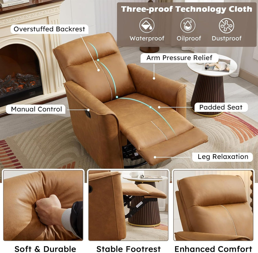 ANJ Manual Swivel Rocker Recliner, Glider Recliners with Padded Armrest and Backrest, Soft Faux Leather Nursery Rocking Recliner Chair Reclining Sofa for Living Room