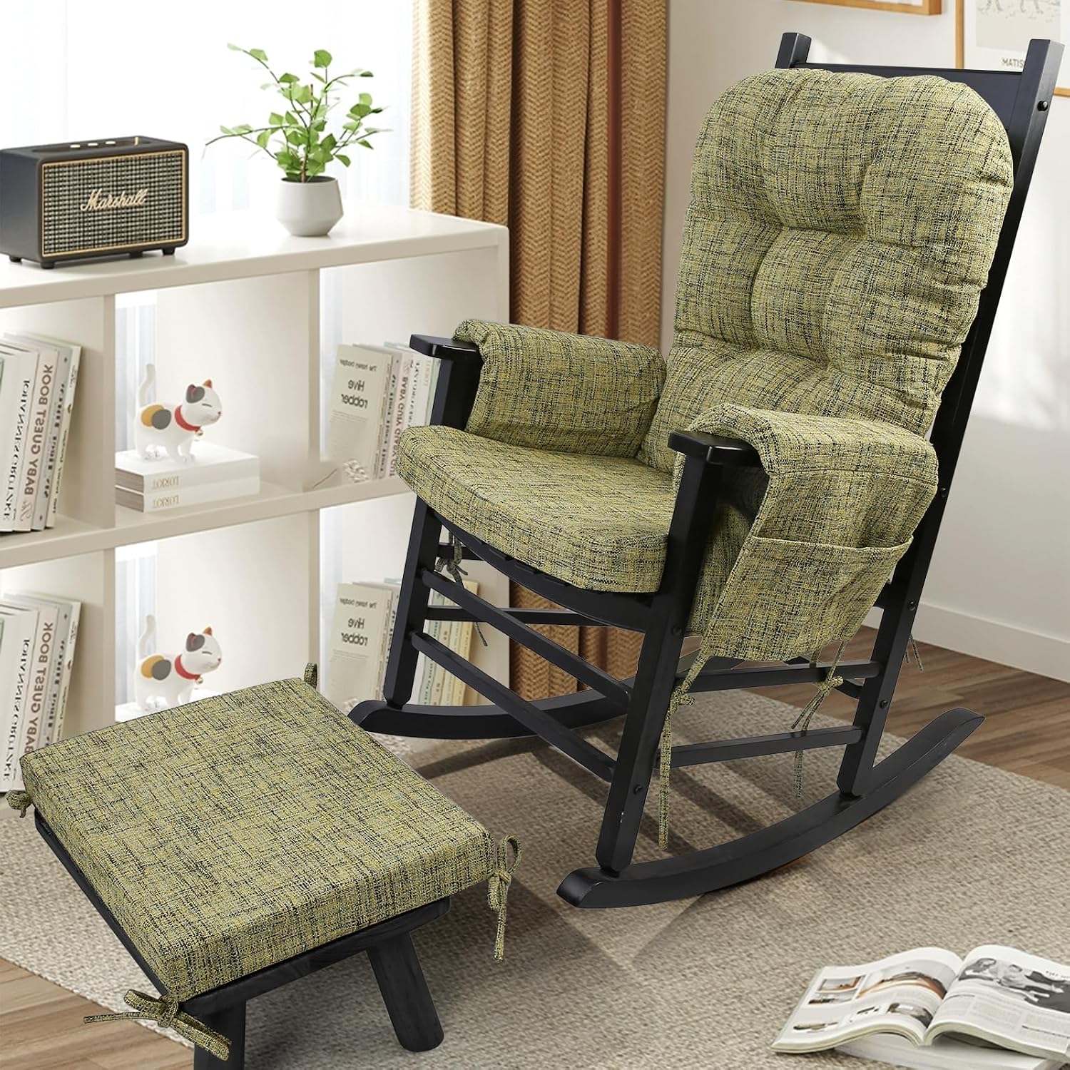 SINOSSO Glider Rocker Cushion Set (5 Pcs), Soft Blended Fabric High-Density Support Foam Seat Cushions with Ties, Fits Rocking Chair/Nursery Glider & Ottoman, Yellow