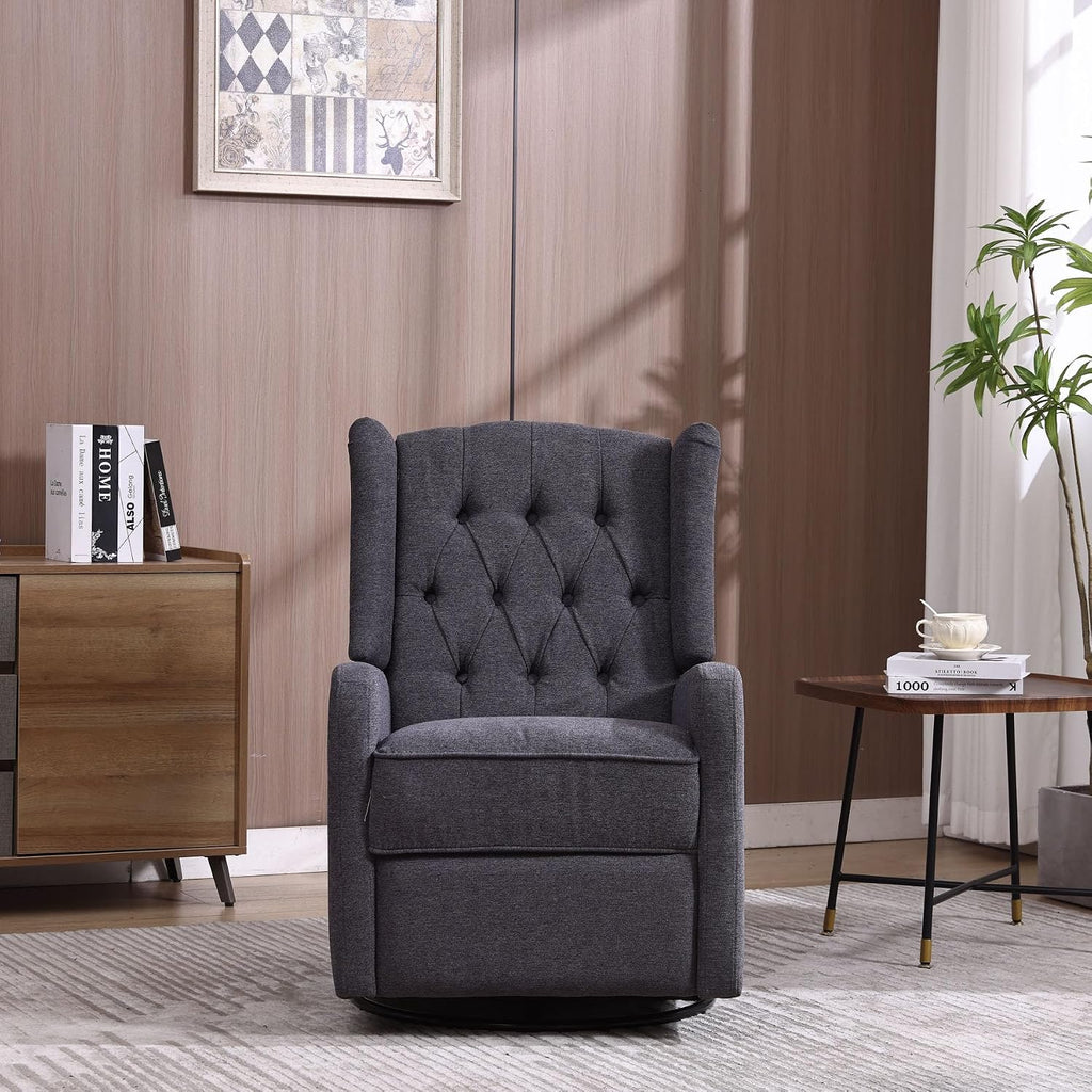 HRVEOCEI Glider Recliner Nursery Chair, Cozy Linen Rocking Chair Nursery Recliner with Adjustable Button Backrest and Footrest, Swivel Recliner Chair for Living Room, Bedroom, Office (Dark Gray)