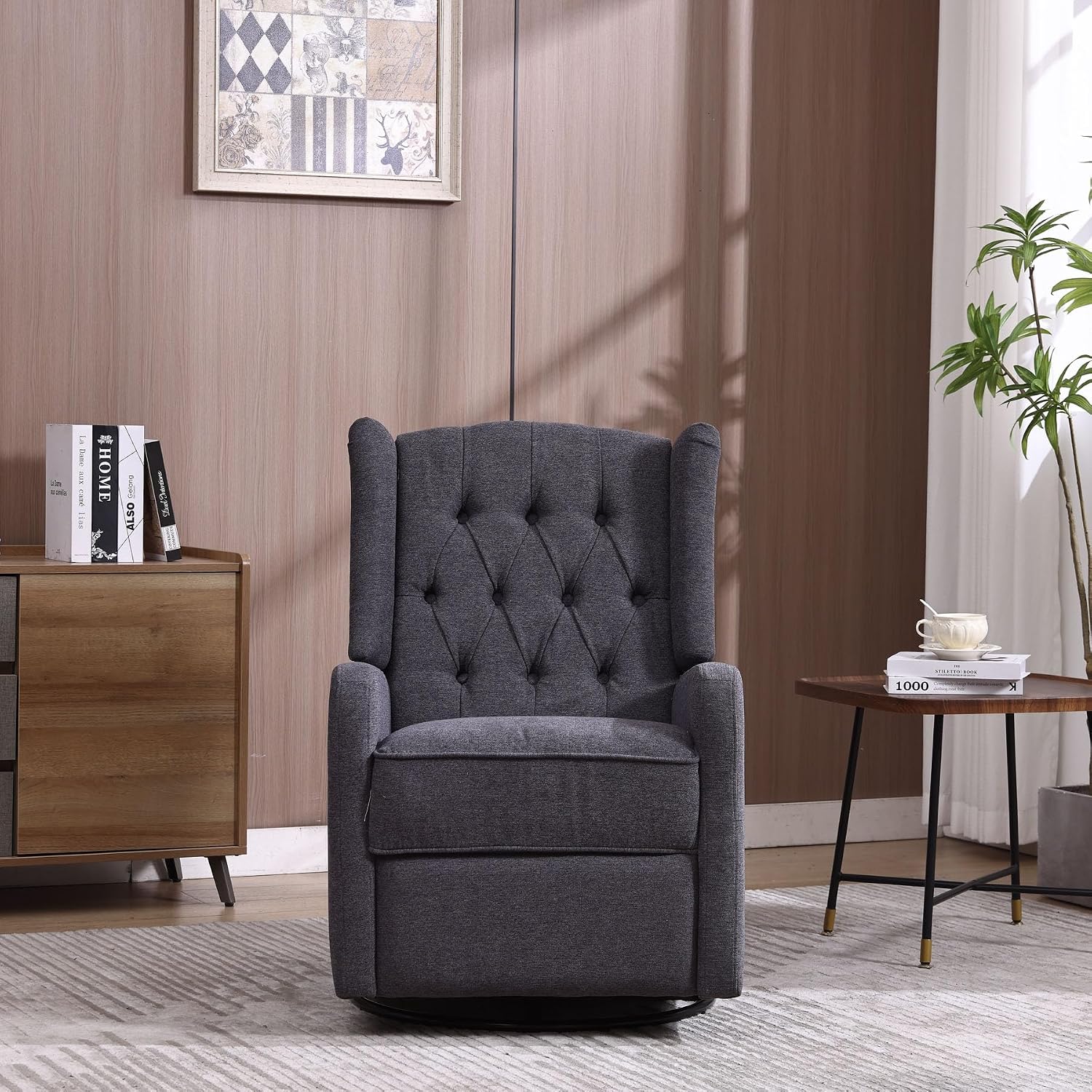 HRVEOCEI Glider Recliner Nursery Chair, Cozy Linen Rocking Chair Nursery Recliner with Adjustable Button Backrest and Footrest, Swivel Recliner Chair for Living Room, Bedroom, Office (Dark Gray)