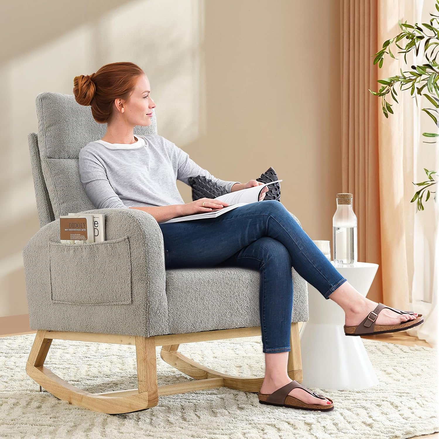 JEEOHEY Rocking Chair Nursery,Teddy Fabric Upholstered Baby Glider Rocker Chair,Comfy Accent Arm Chair with Side Pockets&Solid Wood Legs,Modern Nursing Single Sofa Chair for Living Room,Bedroom(Grey)