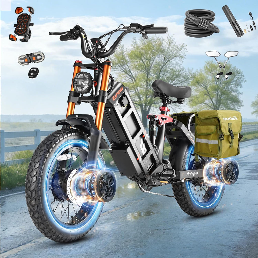 eAhora Juliet Pro 2/Juliet Electric Bike for Adults 5400W/1200W Dual Motor Electric Bicycle 43MPH 60V 70Ah 220+Miles Long Range 20' Fat Tire Full Suspension Mountain E-Bike with APP Control