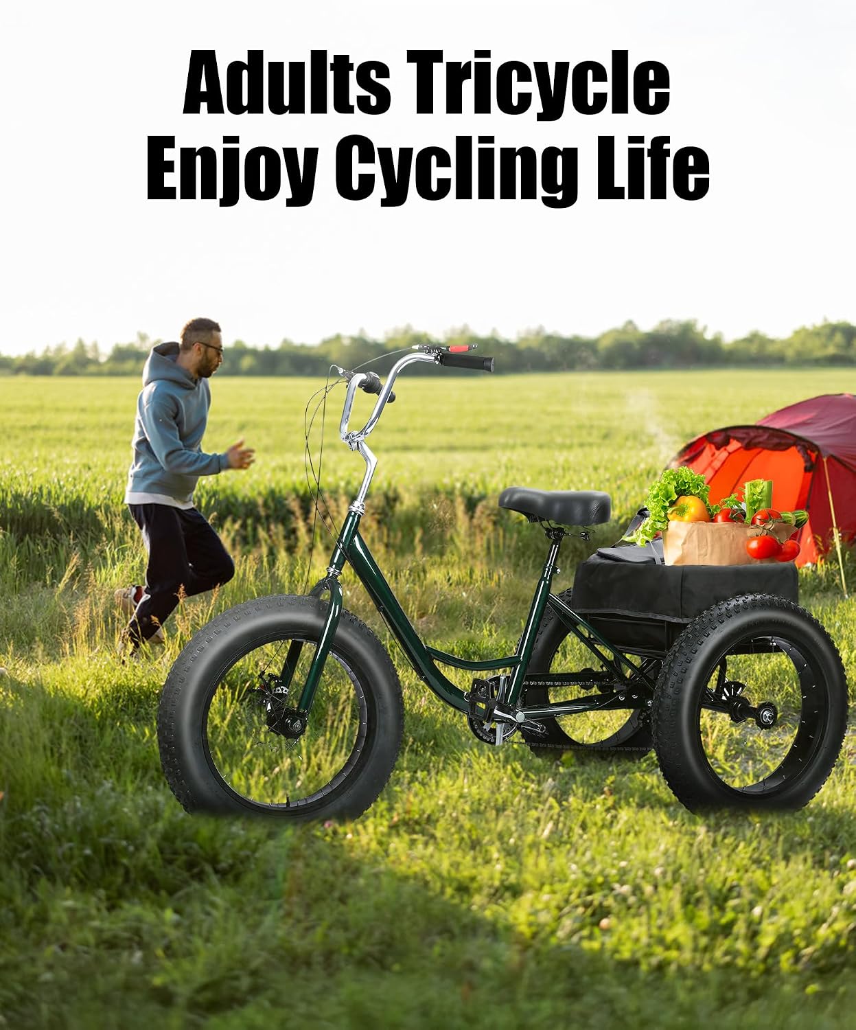Tricycle for Adults, 20 Inch Fat Tire Trike for Adults, 7 Speed, Load Capacity 450lbs, 20' x 4' Tires 3 Wheel Bikes for Adult Tricycle Bike Cruiser, with Double Disc Brake, Shopping Basket