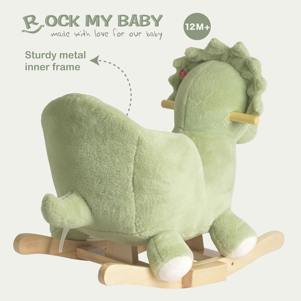 Rock My Baby Rocking Horse Green Dinosaur with Chair, Plush Stuffed Animal Rocker for Toddlers 1-3, Baby Rocker with Sweet Music, Wooden Rocking Horse Baby Animal Rocker,CPC Certified