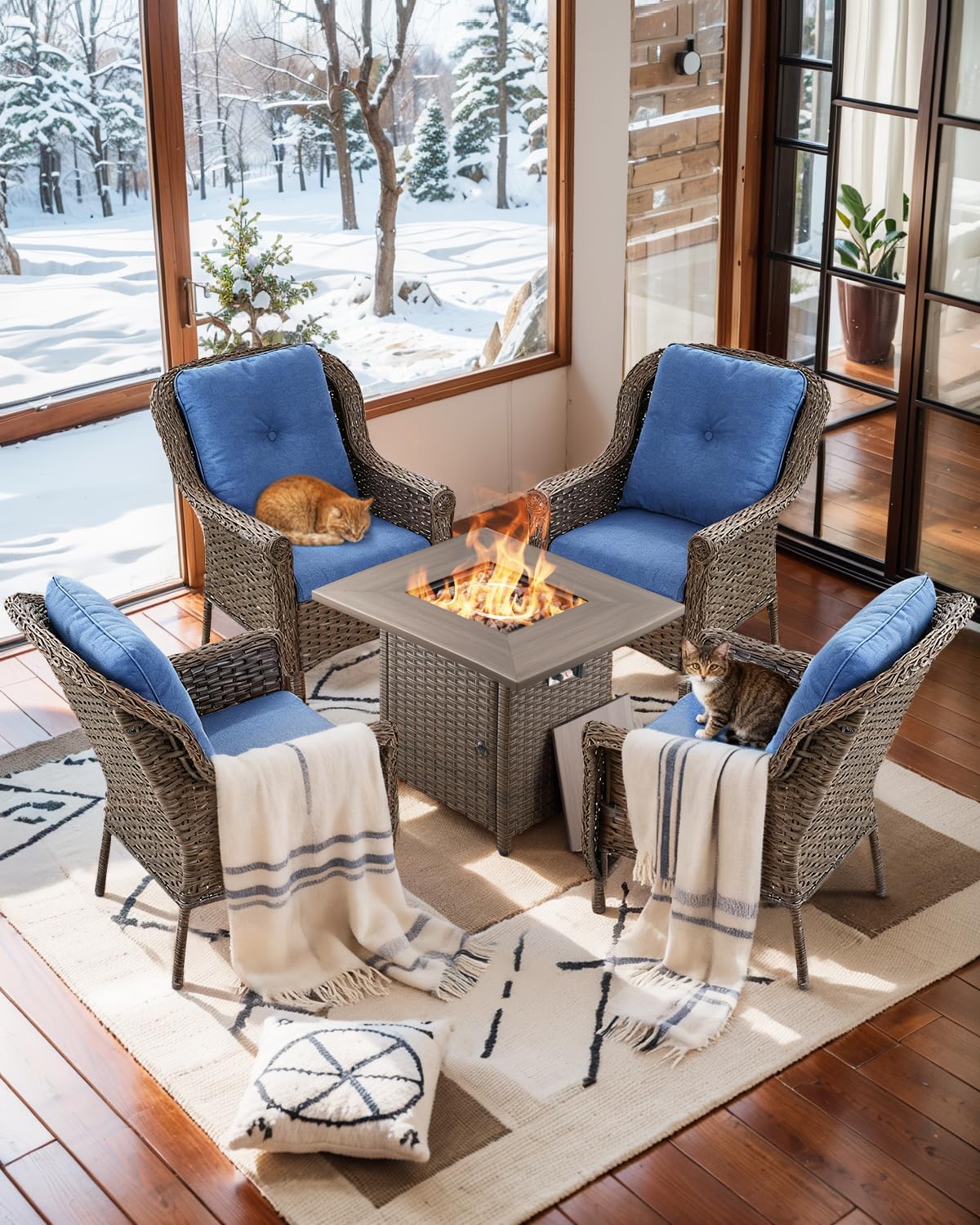 Patio Wicker Chairs Outdoor Furniture Chair - Set of 4 Outside All Weather Lawn Dining Brown Rattan Armchair with High Back&Deep Seating for Deck Porch Balcony Backyard Garden - Navy Blue