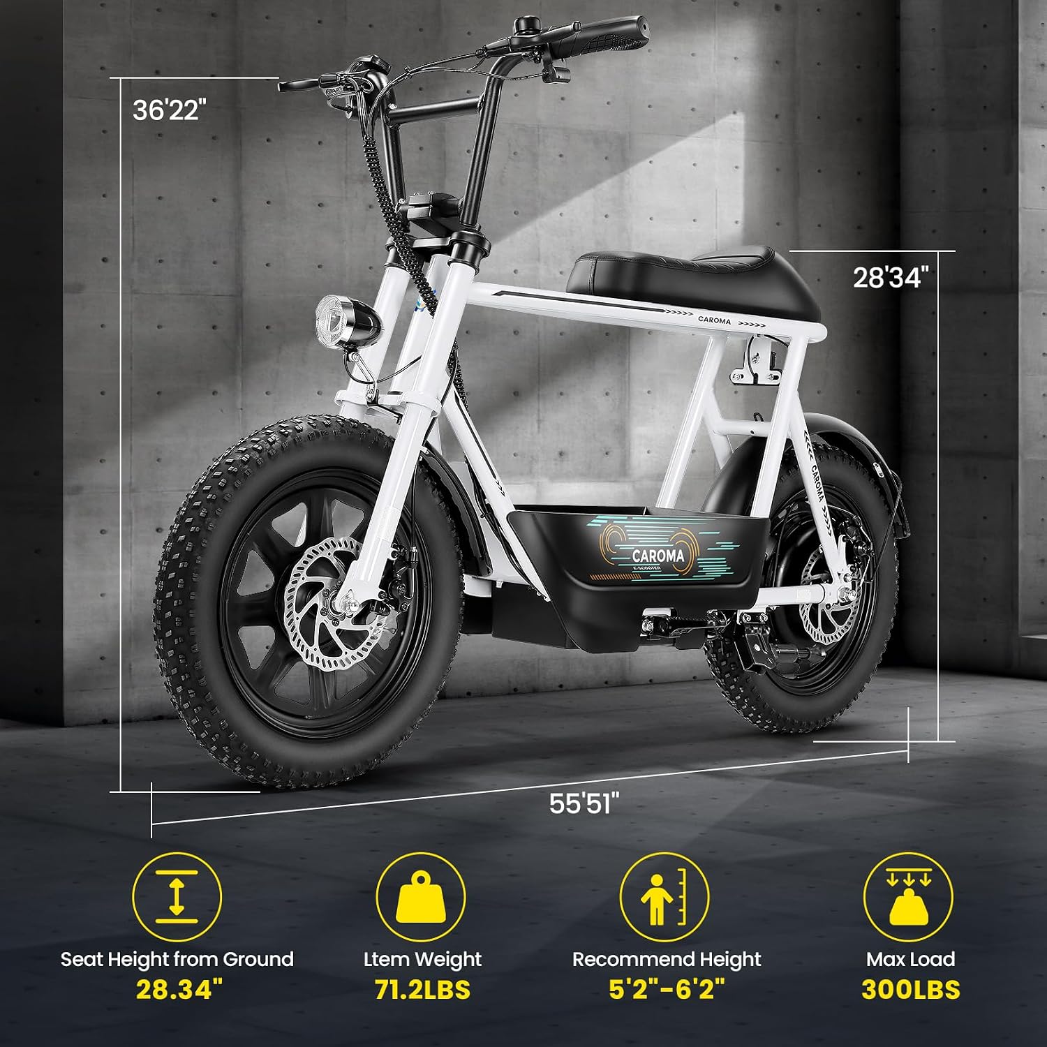 Caroma Peak 1200W/800W/500W Electric Scooter with Seat,16'×3' Fat Tire Ebike All-Terrain,Max 30Miles&20MPH Electric Scooter Adults,Electric Motorcycle Adults with Storage Basket for Pets&Cargo