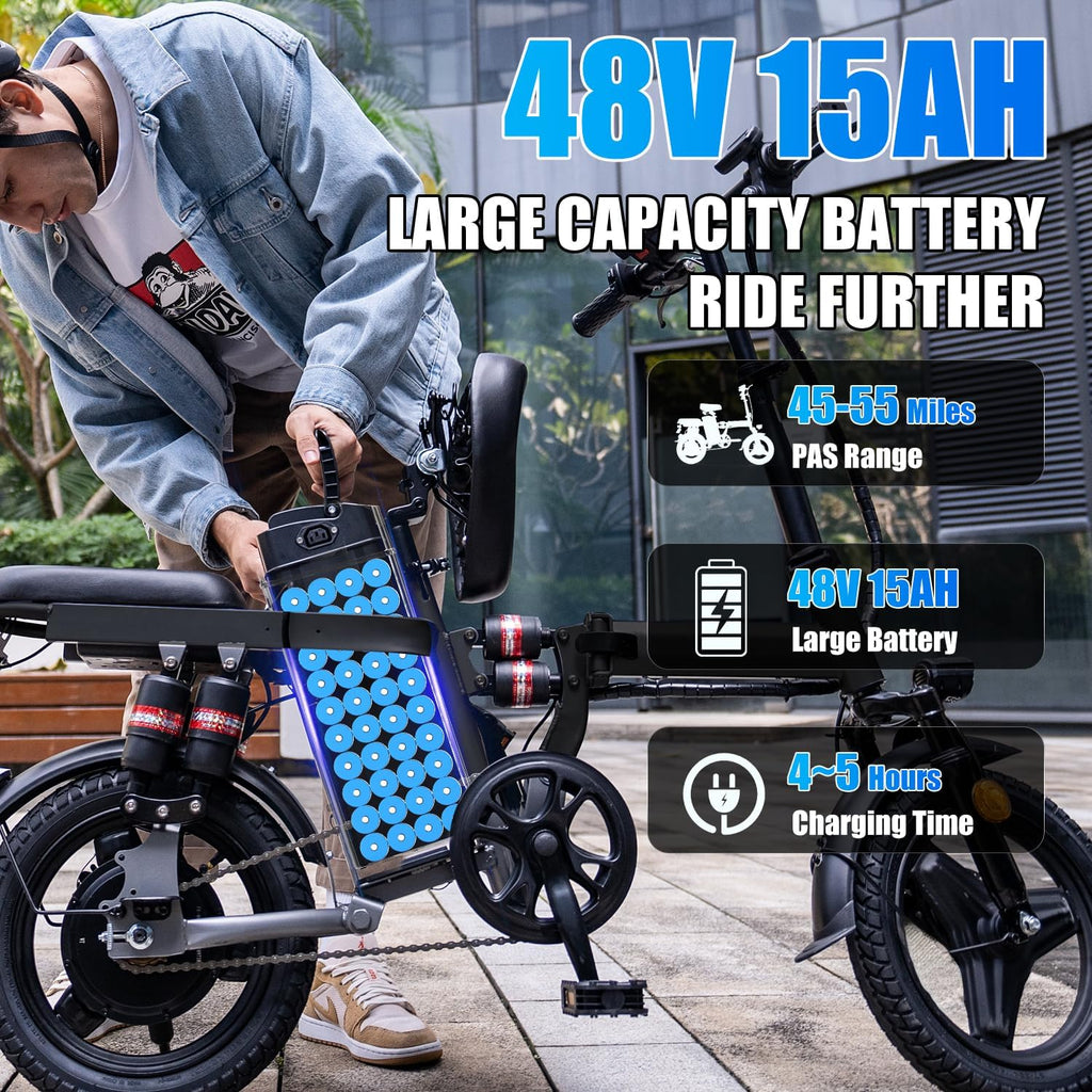 AZHAR Foldable Electric Bike for Adults Teens, 1200W Peak Motor, Up to 25 MPH, 45 Miles PAS Range, Dual Suspension, 14' Tires, 3-Speed Modes, Compact & Portable Electric Mini Bike, Commuting Ebike