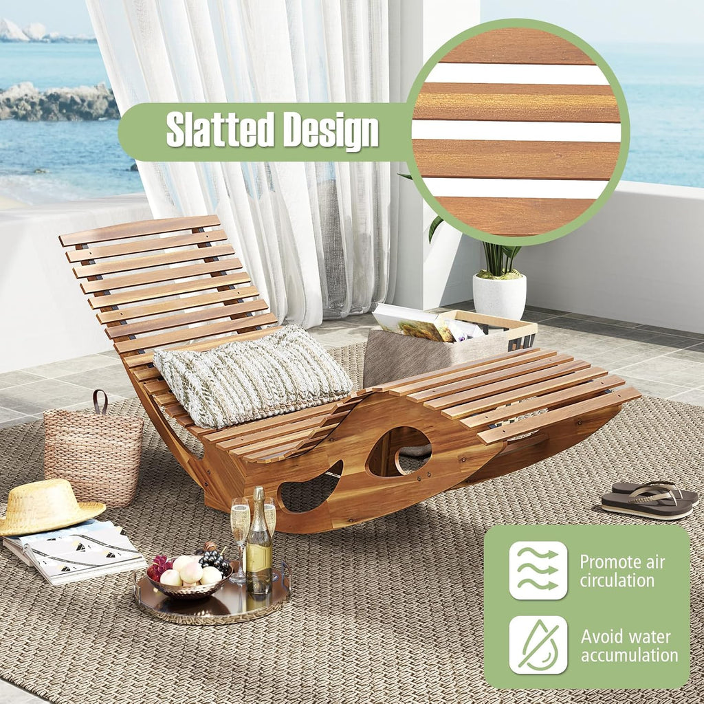 Tangkula Outdoor Chaise Lounge Chair, Acacia Wood Rocking Sun Lounger with Slatted Backrest and Seat, Wooden Rocker Lounge Chair for Patio, Garden and Poolside