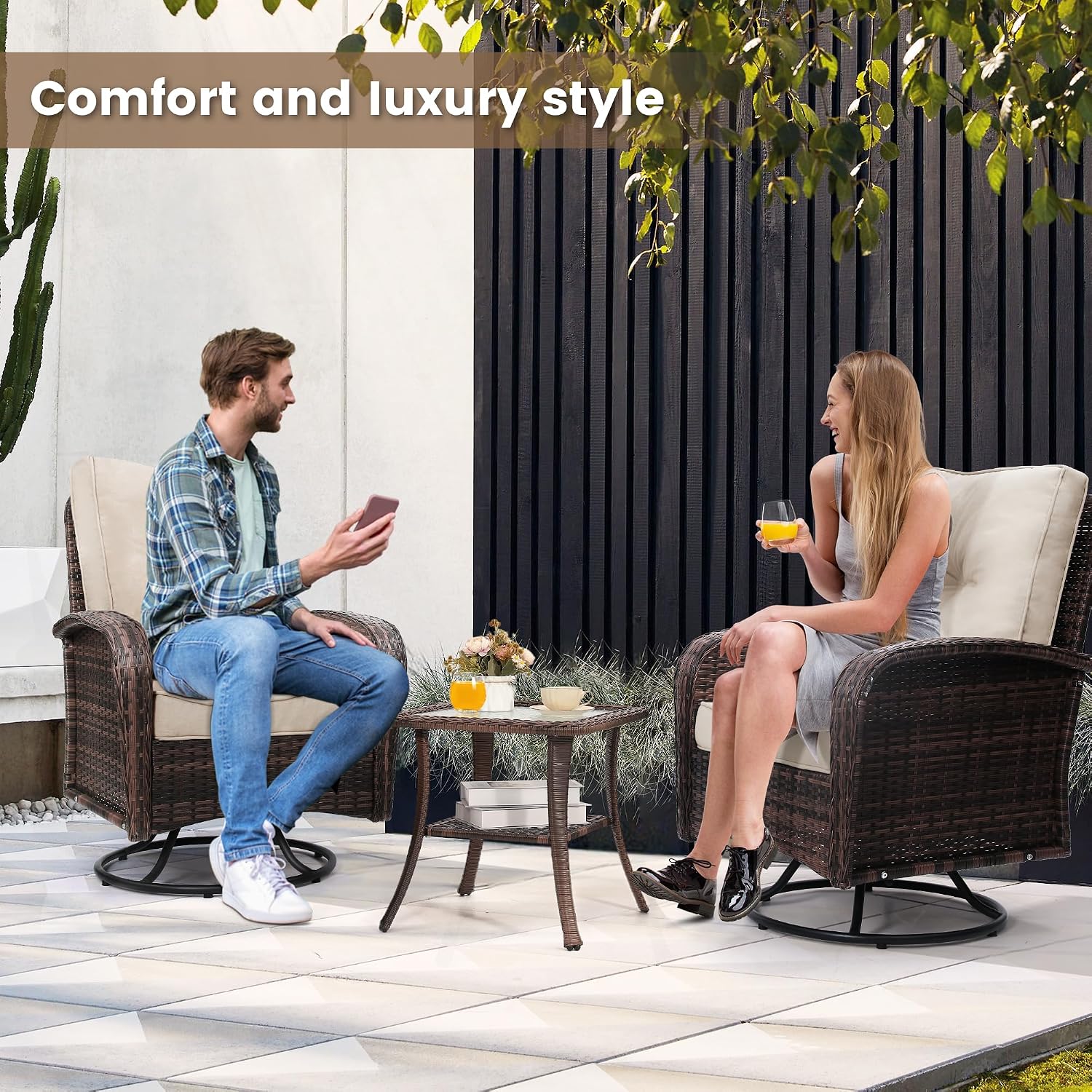 wildformers Luxury Outdoor Swivel Wicker Glider Patio Chairs with Table Set, Overstuffed Washable Cushions, Ideal for Porch, Balcony, Deck, Brown Rattan and Beige Cushion