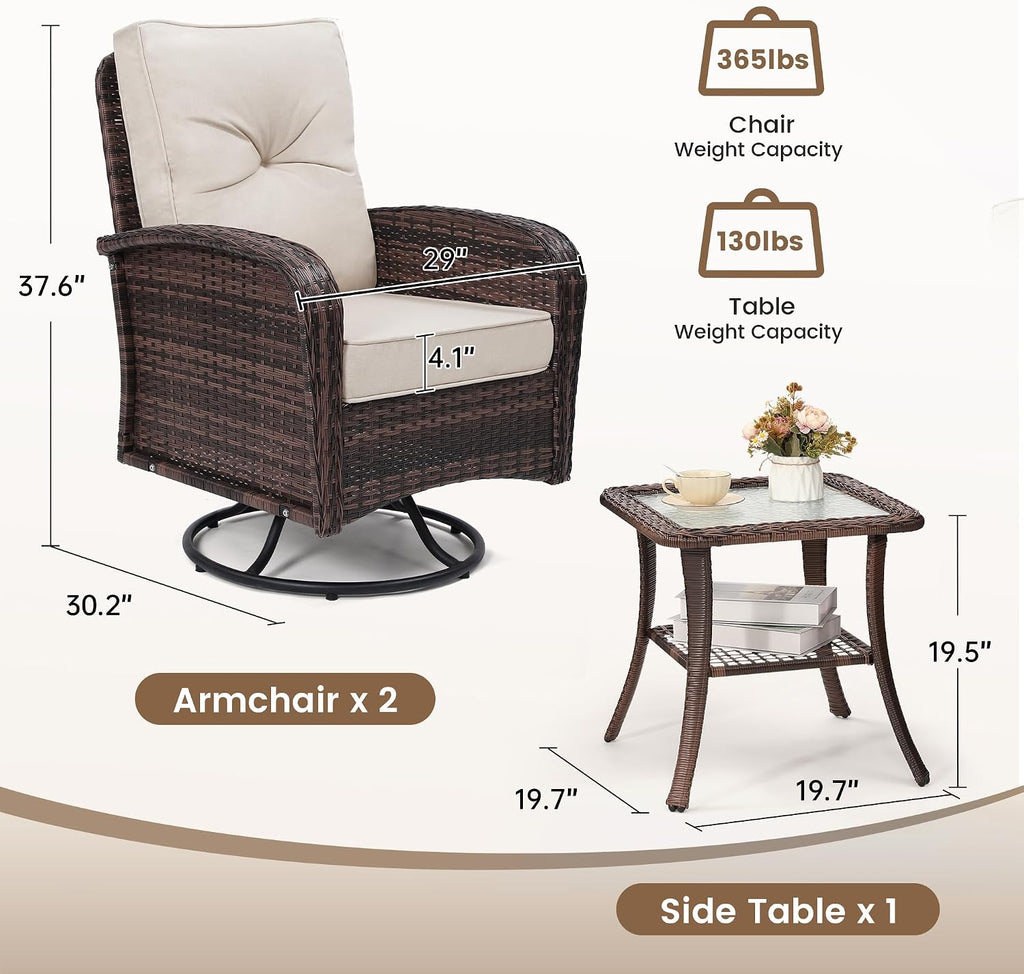 wildformers Luxury Outdoor Swivel Wicker Glider Patio Chairs with Table Set, Overstuffed Washable Cushions, Ideal for Porch, Balcony, Deck, Brown Rattan and Beige Cushion