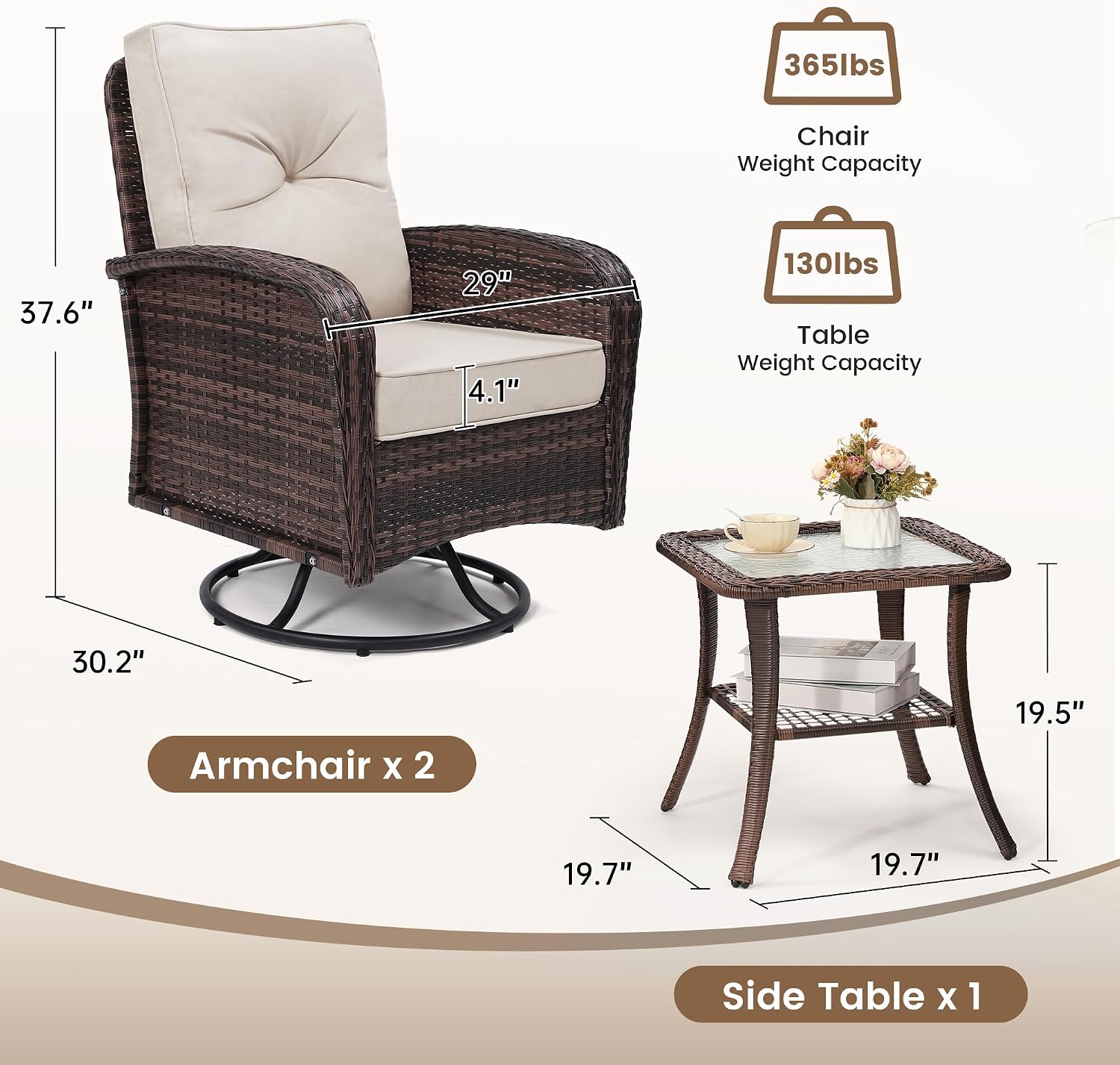 wildformers Luxury Outdoor Swivel Wicker Glider Patio Chairs with Table Set, Overstuffed Washable Cushions, Ideal for Porch, Balcony, Deck, Brown Rattan and Beige Cushion