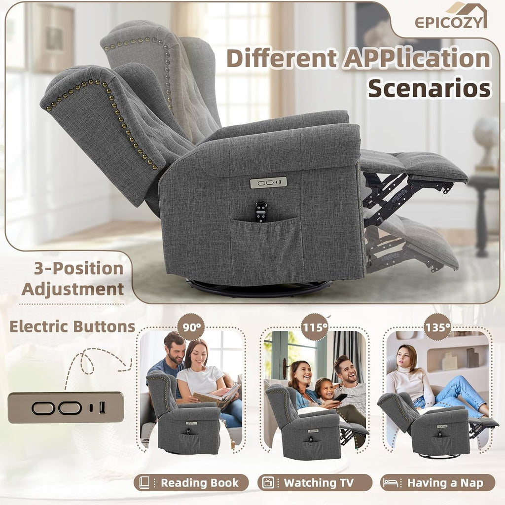 Power Swivel Rocking Glider Recliner Chair with Massage and Heat, Electric Nursery Glider Rocker for Living Room, Wingback Tufted Upholstered Recliner Chair with Type-C & USB Ports, Grey