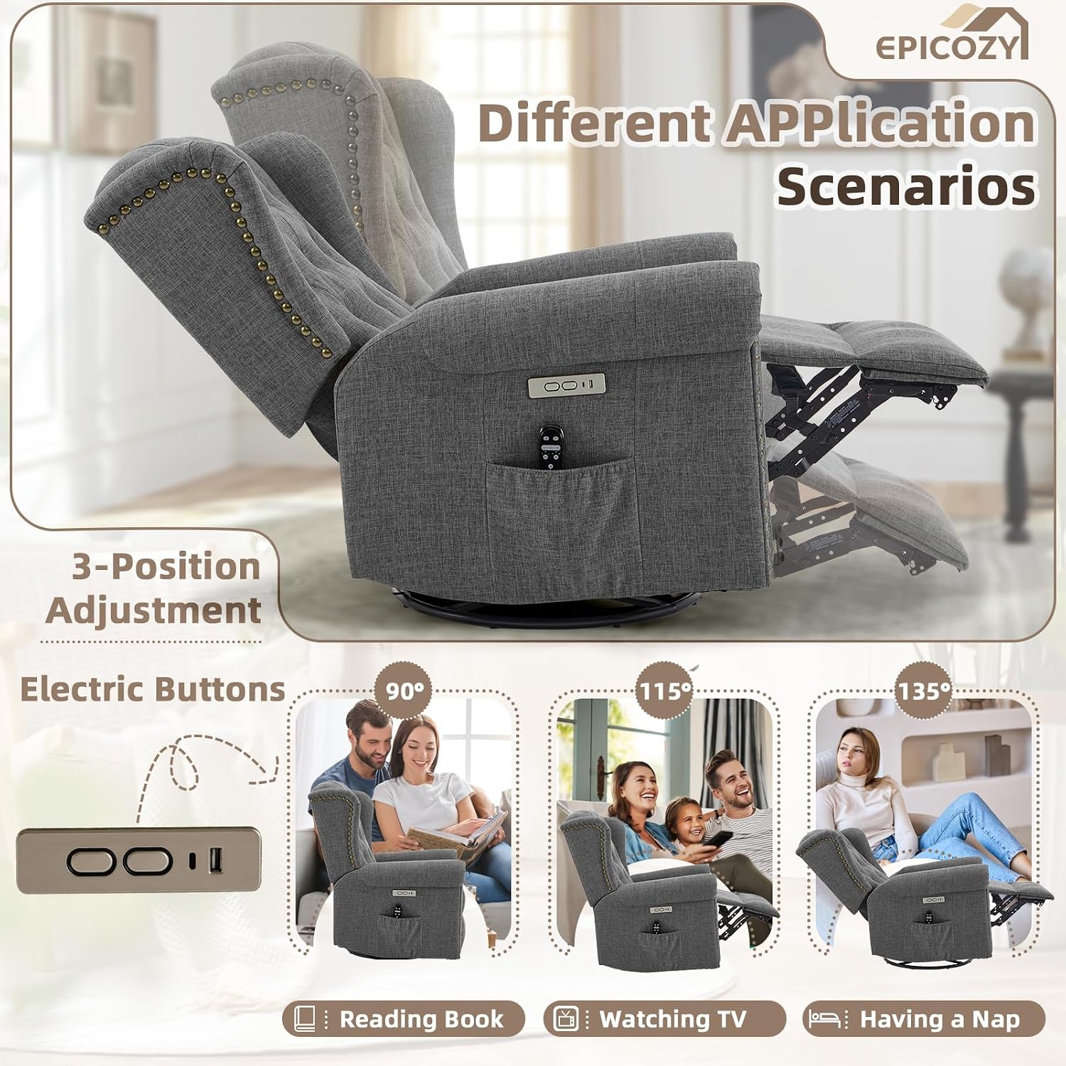 Power Swivel Rocking Glider Recliner Chair with Massage and Heat, Electric Nursery Glider Rocker for Living Room, Wingback Tufted Upholstered Recliner Chair with Type-C & USB Ports, Grey