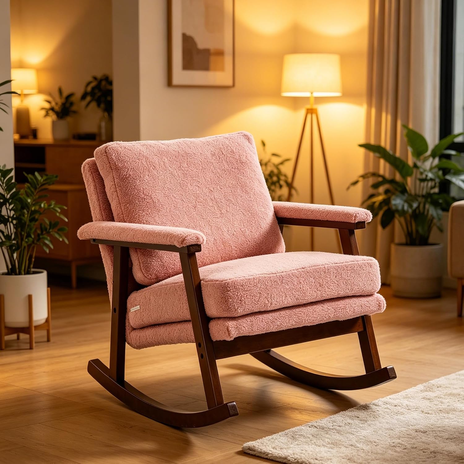 Nursery Rocking Chair Velvet Upholstered Accent Rocker Chair with Backrest Comfy Soft Rocker Glider Solid Rubber Wood Leg for Bedroom Living Room Nursing Room, Pink