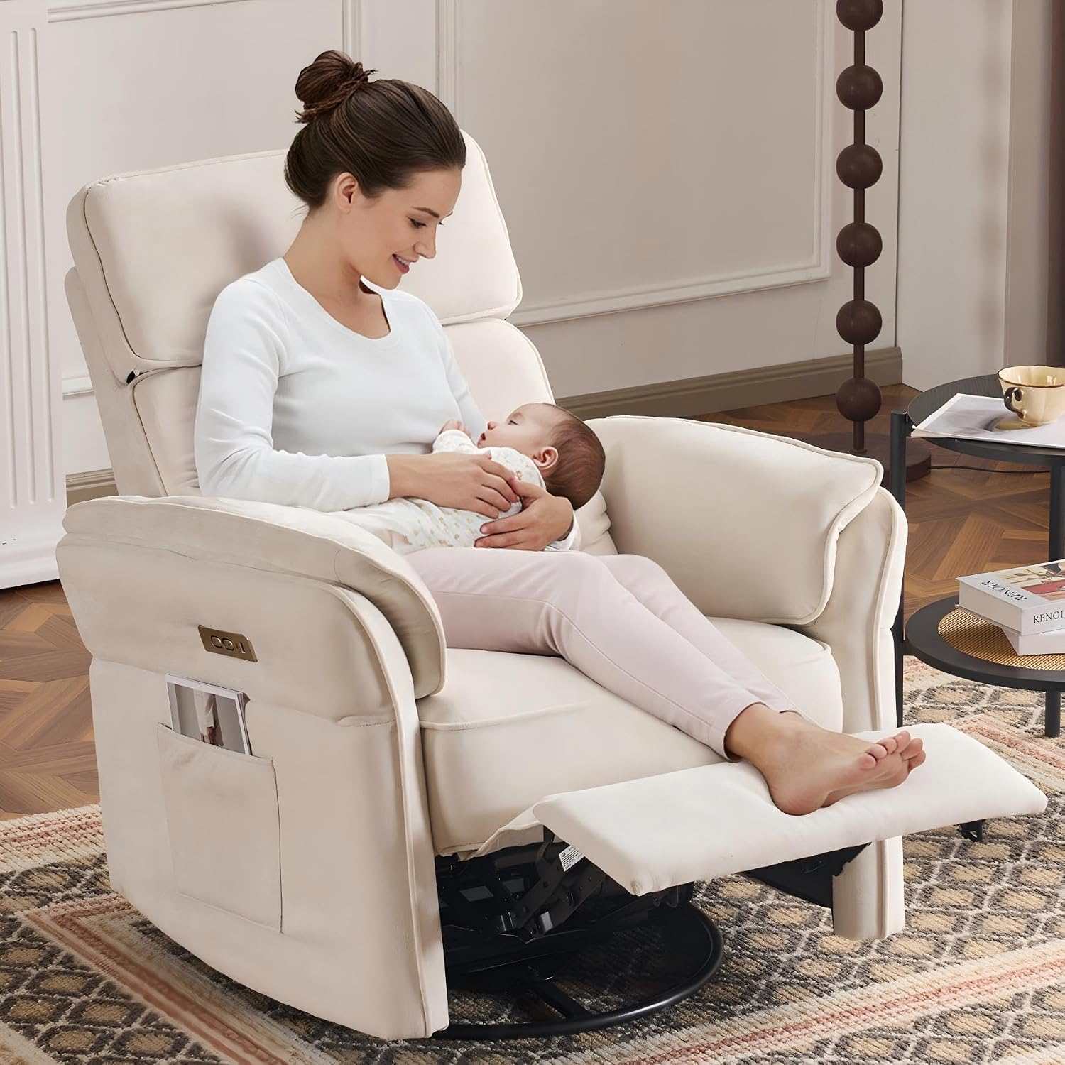 MELLCOM Power Recliner Rocking Chair Nursery Gliders with Adjustable Armrests and Headrest, Swivel Electric Glider Reclining Nursing Chair with Storage Bags and USB Port, FSC Certified,Beige Fabric