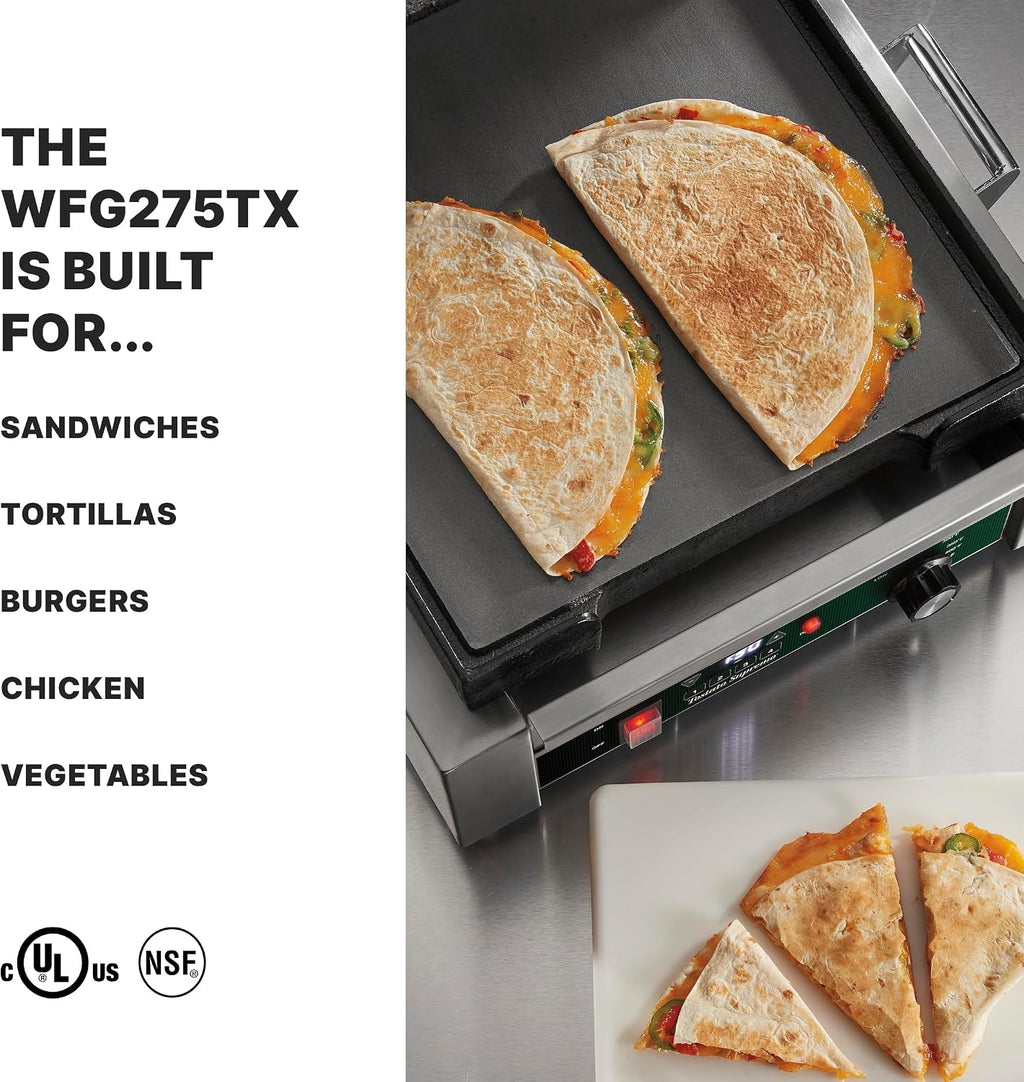 Waring Commercial Full-Size Flat Toasting Grill with Timer, Cast Iron Plates, 14' x 14' Cooking Surface, Ideal for Grilling Sandwiches, Paninis, Tortillas, Quesadillas, WFG275TX