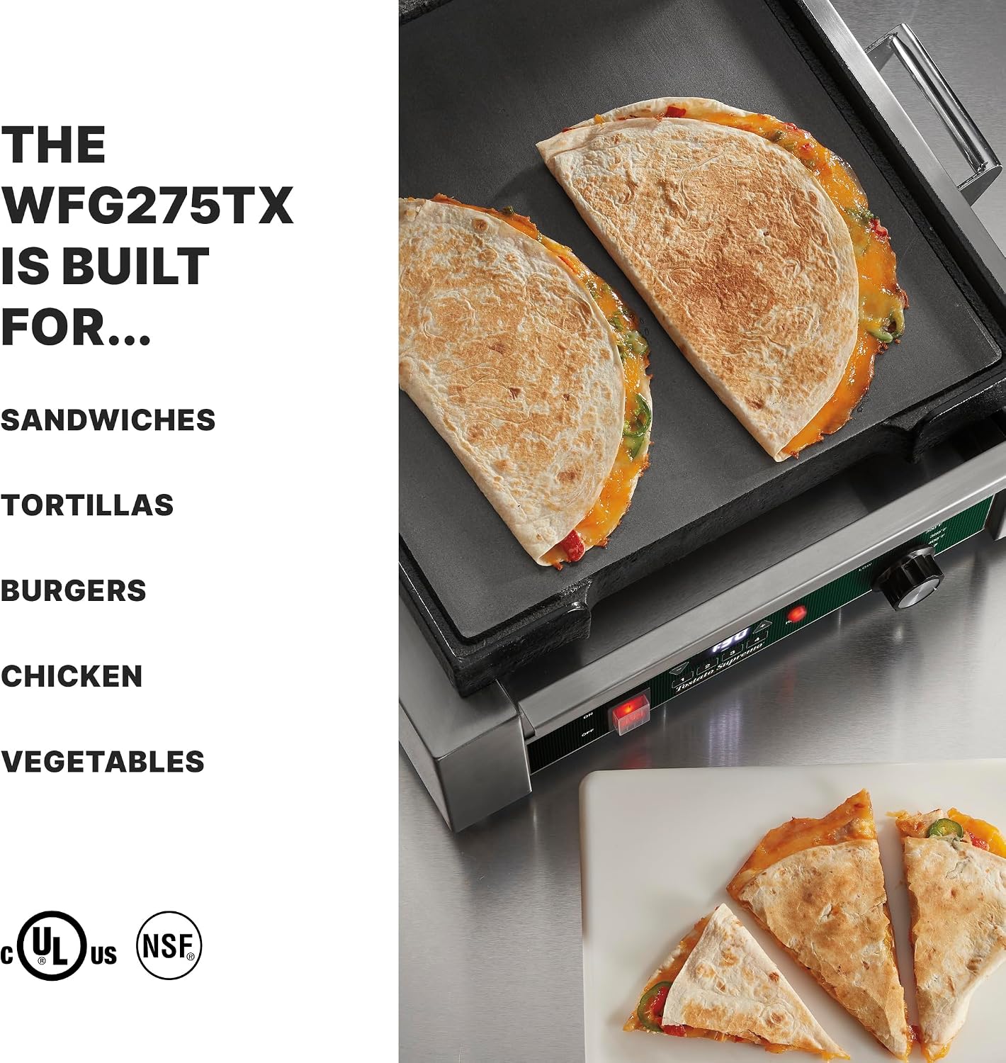 Waring Commercial Full-Size Flat Toasting Grill with Timer, Cast Iron Plates, 14' x 14' Cooking Surface, Ideal for Grilling Sandwiches, Paninis, Tortillas, Quesadillas, WFG275TX