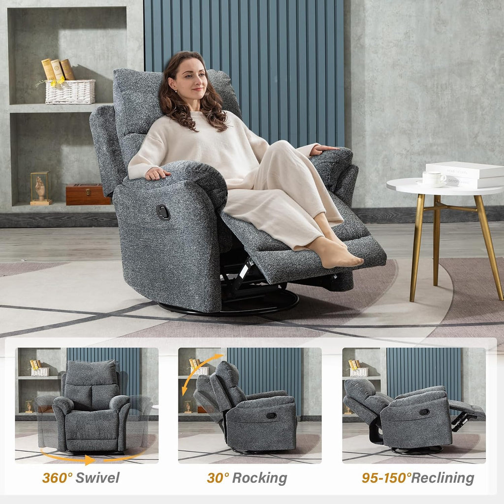 ANJ Swivel Rocker Recliner Chair Nursery Manual Glider Rocking Recliner Chairs for Adults, Fabric Rocking Chair Nursery, 360° Swivel Lazy Boy Recliner Chairs for Living Room, rv, Smoky Grey