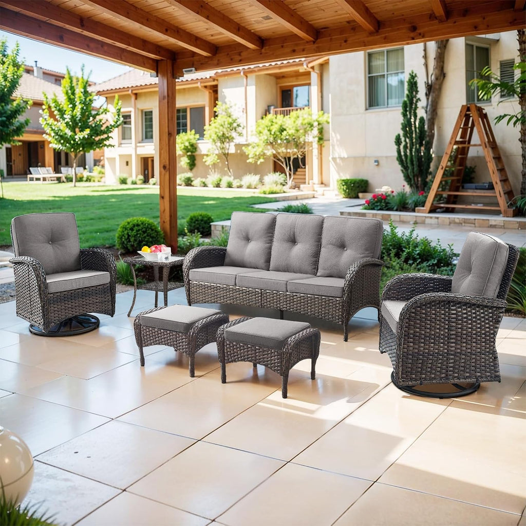 Belord 6 Piece Patio Conversation Sets - Wicker Patio Furniture Sets with Outdoor Swivel Rocker Chairs Outdoor Couch Perfect for Deck Patio Backyard, Brown Wicker Grey Cushion