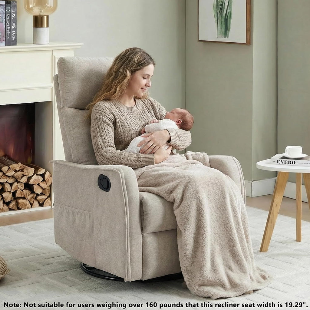 Manual 360° Swivel Rocker Recliner Chair for Adults, Overstuffed Glider Chair for Nursery with Vibration Massage and Heat, Comfy Soft Fabric Glider with Side Pockets for Living Room, Beige