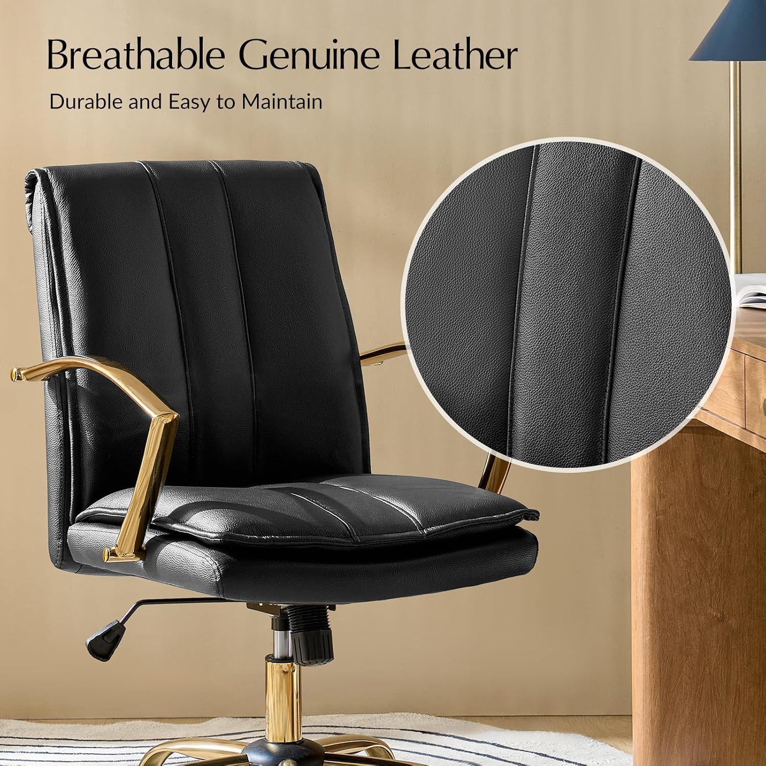 HULALA HOME Genuine Leather Home Office Desk Chair, Adjustable Swivel Computer Chair with Golden Legs and Arms, Comfy Upholstered Task Chair, Black