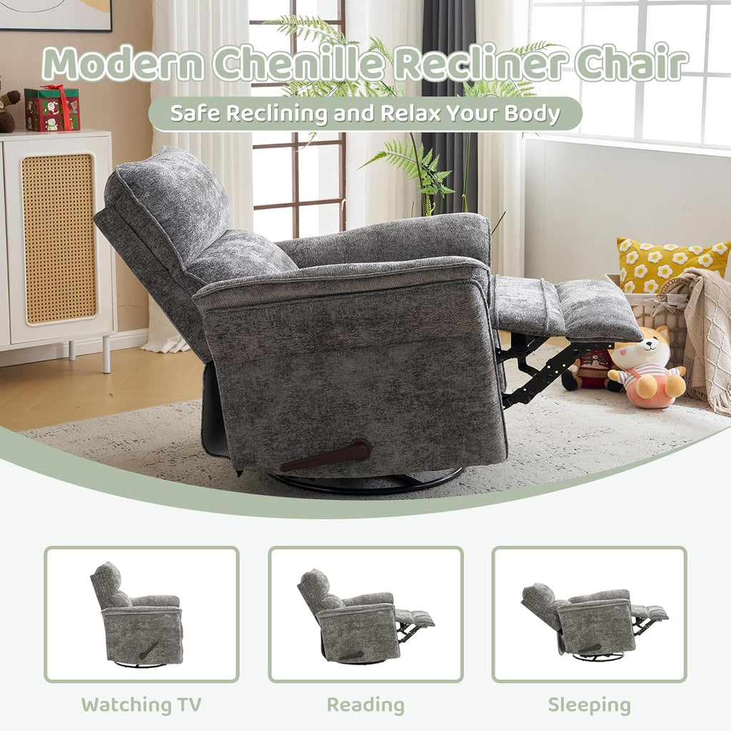 Oversized Swivel Rocker Recliner with Adjustable Headrest, Rocking Chair Nursery with Overstuffed Armrest, Manual Rocker Recliner Nursery Chair for Living Room, Dark Grey