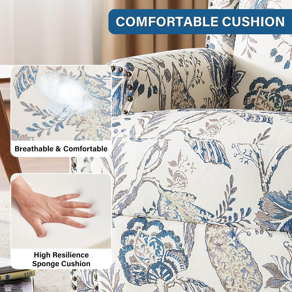 Lumibee Swivel Rocker Recliner Chairs, Printed Fabric Swivel Glider Rocking Chair with High Back, Upholstered Deep Seat Wingback Recliner Chair for Living Room Bedroom, Plants Blue