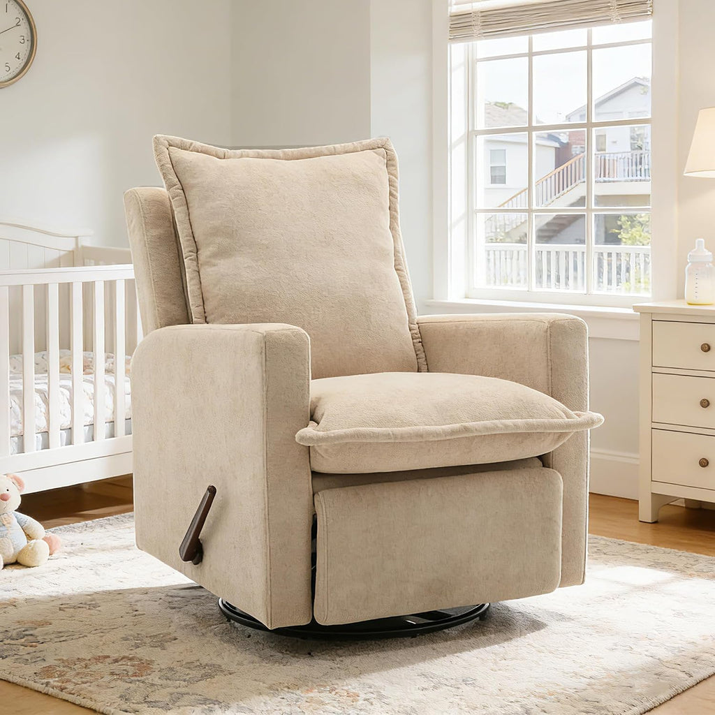 Rocking Chair Nursery Swivel Rocker Recliner Chair, High Back Adult Manual Recliner for Small Spaces, Glider Rocking Reclining Sofa for Living Room Bedroom, Beige