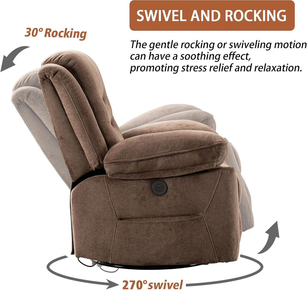 Ketaiyou Power Swivel Rocker Recliner with Massage and Heat, USB Port, Infinite Position, Oversized Electric Glider Rocking Chairs Living Room, Soft Fabric Reclining Sofa Chair(Mocha)