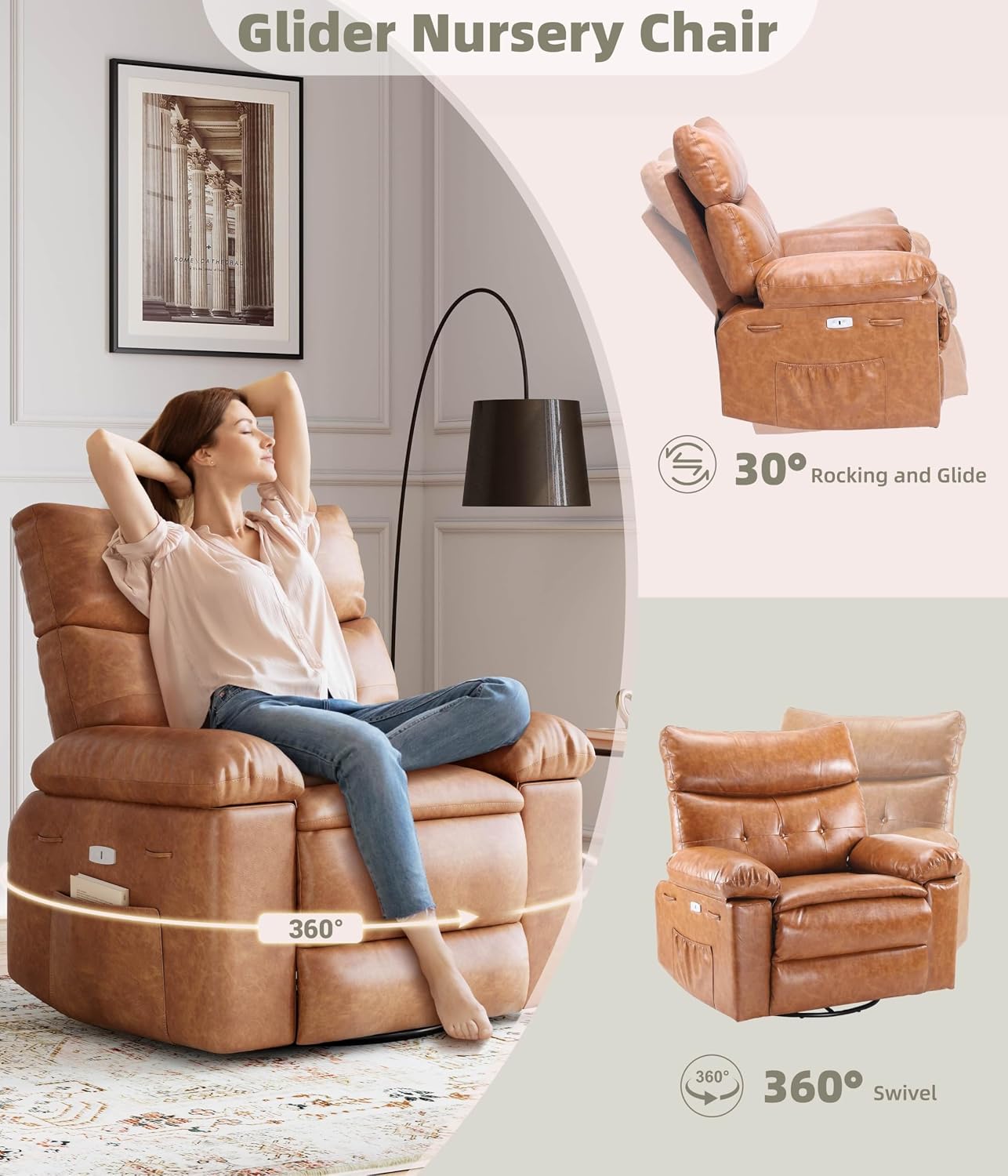 GarveeHome Power Rocker Swivel Recliner Chair - Heat and Massage, PU Leather Electric Glider Rocking Chair with USB Port, Glider Recliner Nursery Chair for Living Room, Bedroom, Nursery